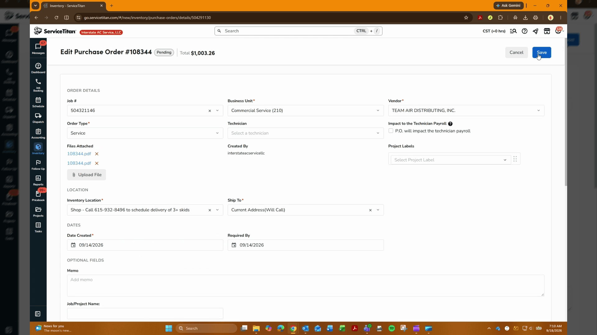 Step #9: Click Save in the top right corner of the Edit Purchase Order screen.