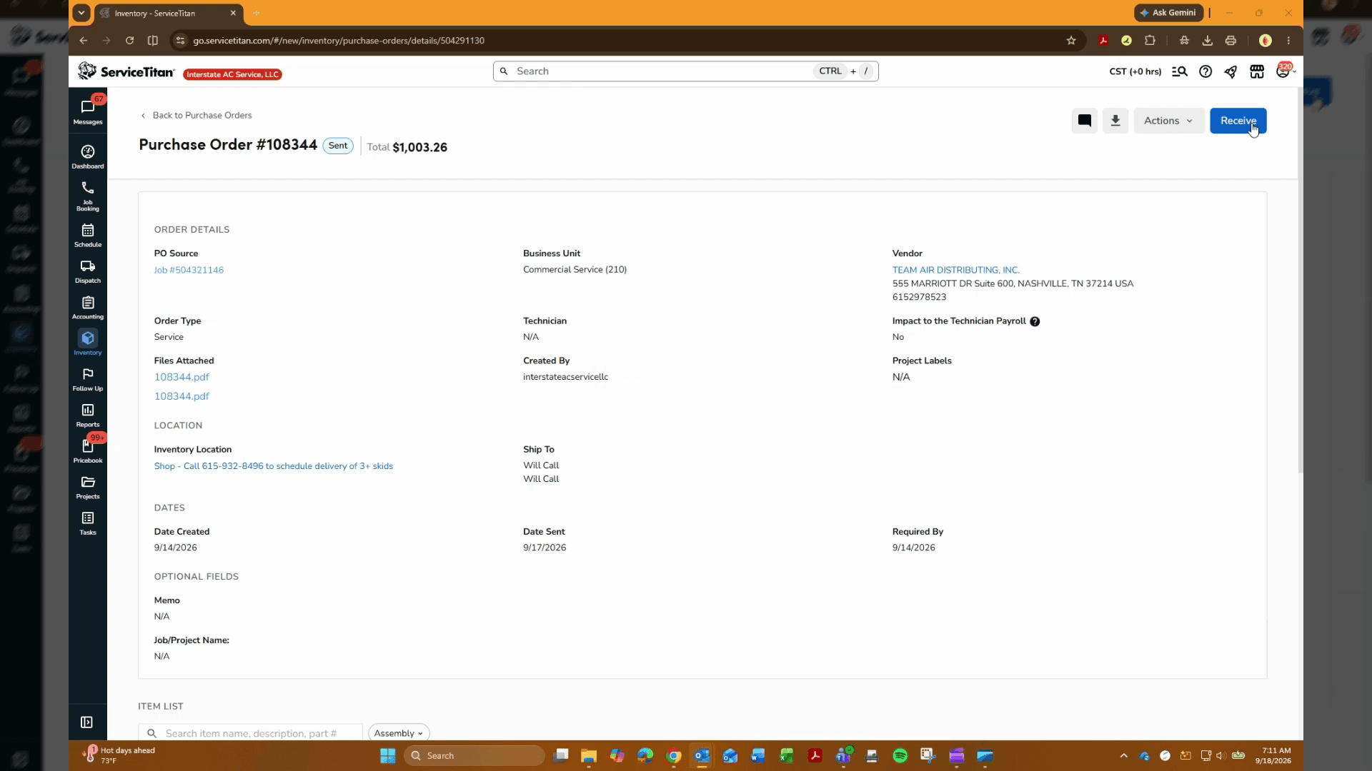 Step #1: Click Receive in the top right corner of the purchase order details screen.