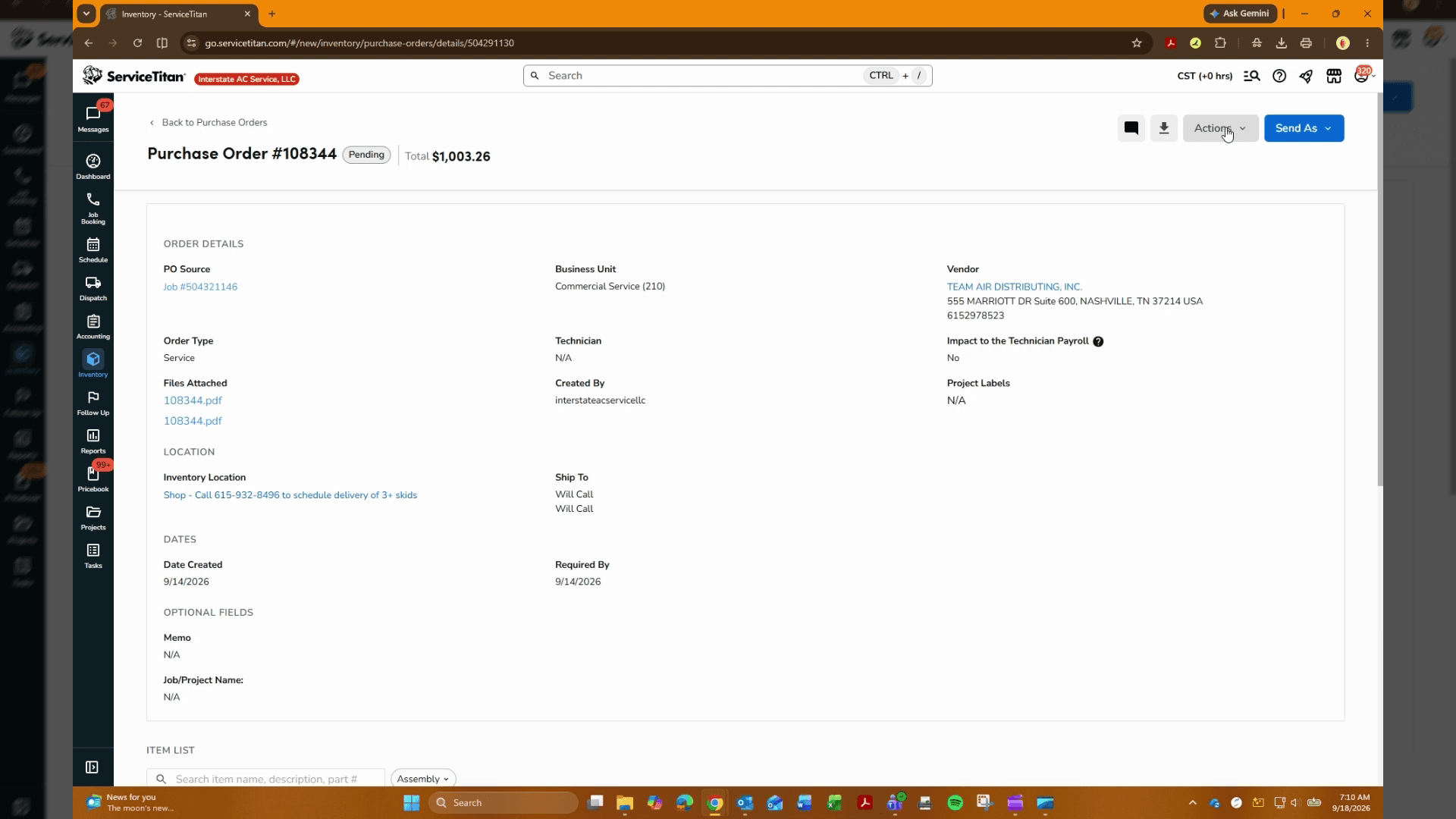 Step #4: Click Actions in the top right corner of the purchase order details page.