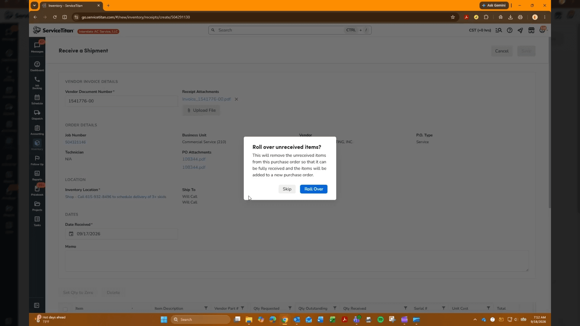 Step #8: Click Skip to handle any unreceived items remaining on the order.