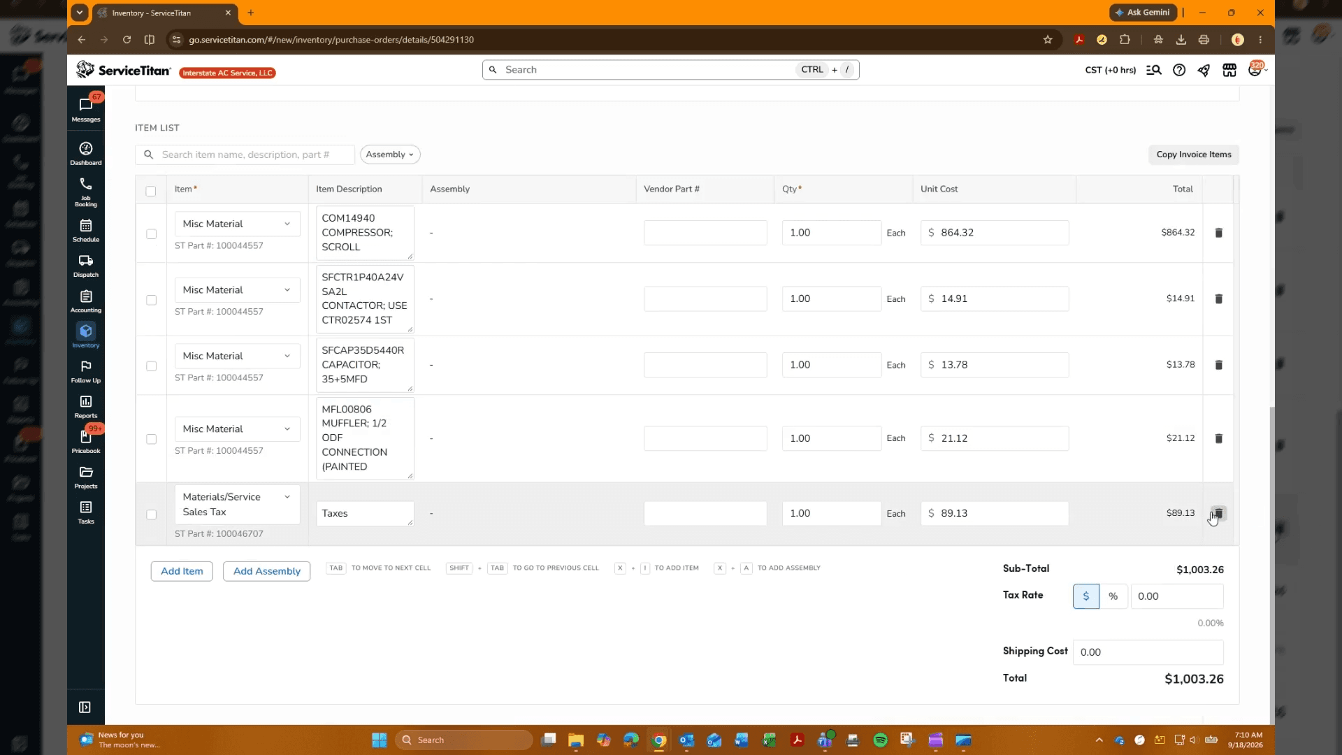 Step #6: Click the delete icon on the taxes line item and delete shipping cost