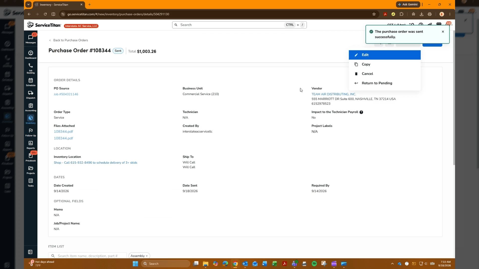 Step #3: Once marked as "sent" you can no longer edit so select "Actions" then "Edit"