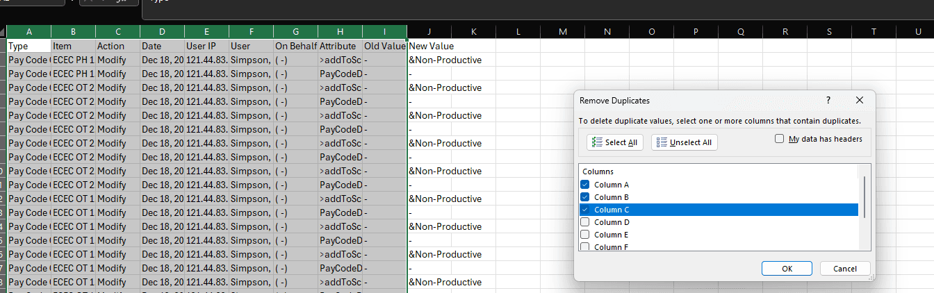 Step #30: Use Remove Duplicates on the first three columns