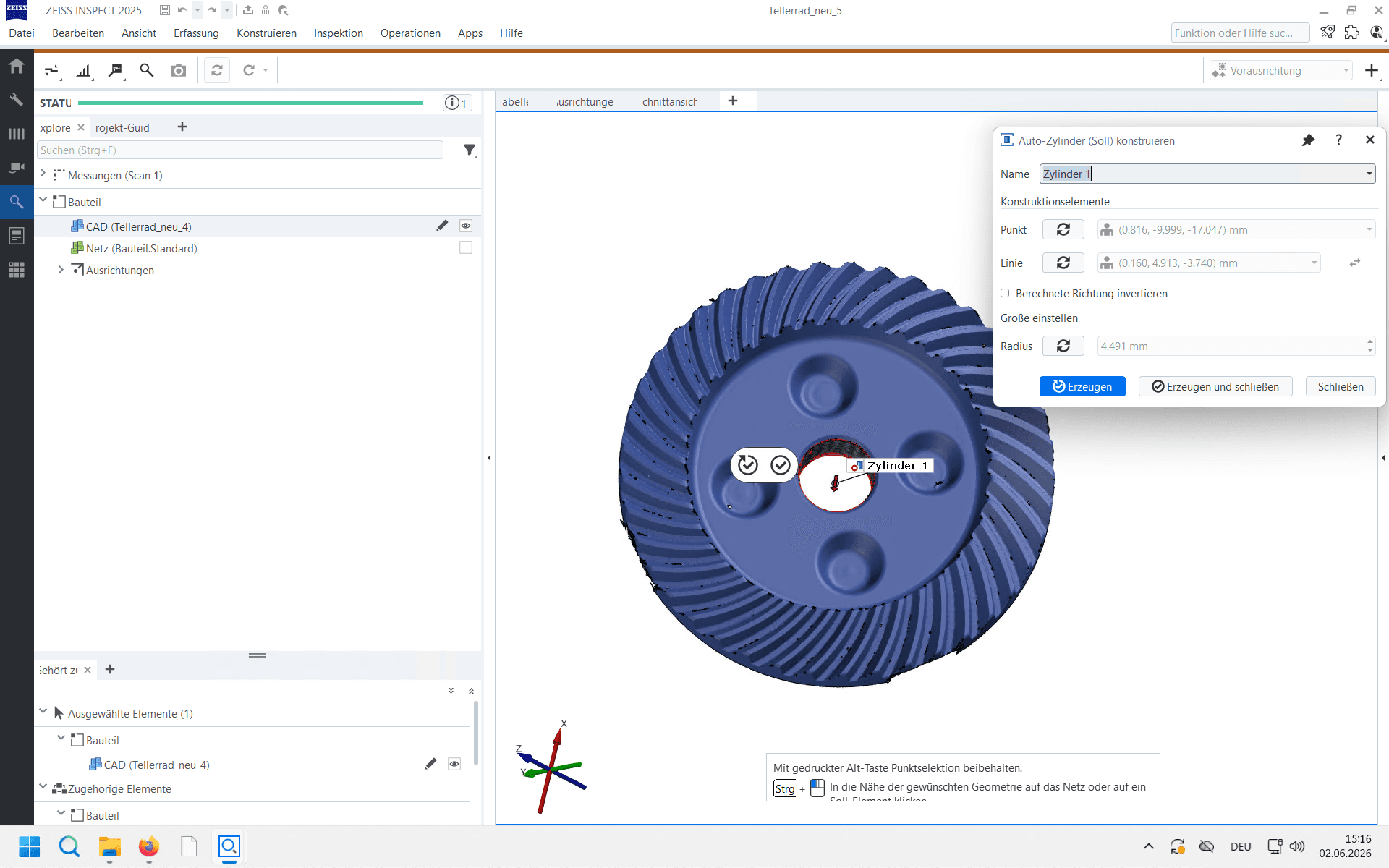 Step #10: Klicken Sie in der 3D-Ansicht auf die Zylindergeometrie auf dem CAD-Modell, die Sie untersuchen möchten.