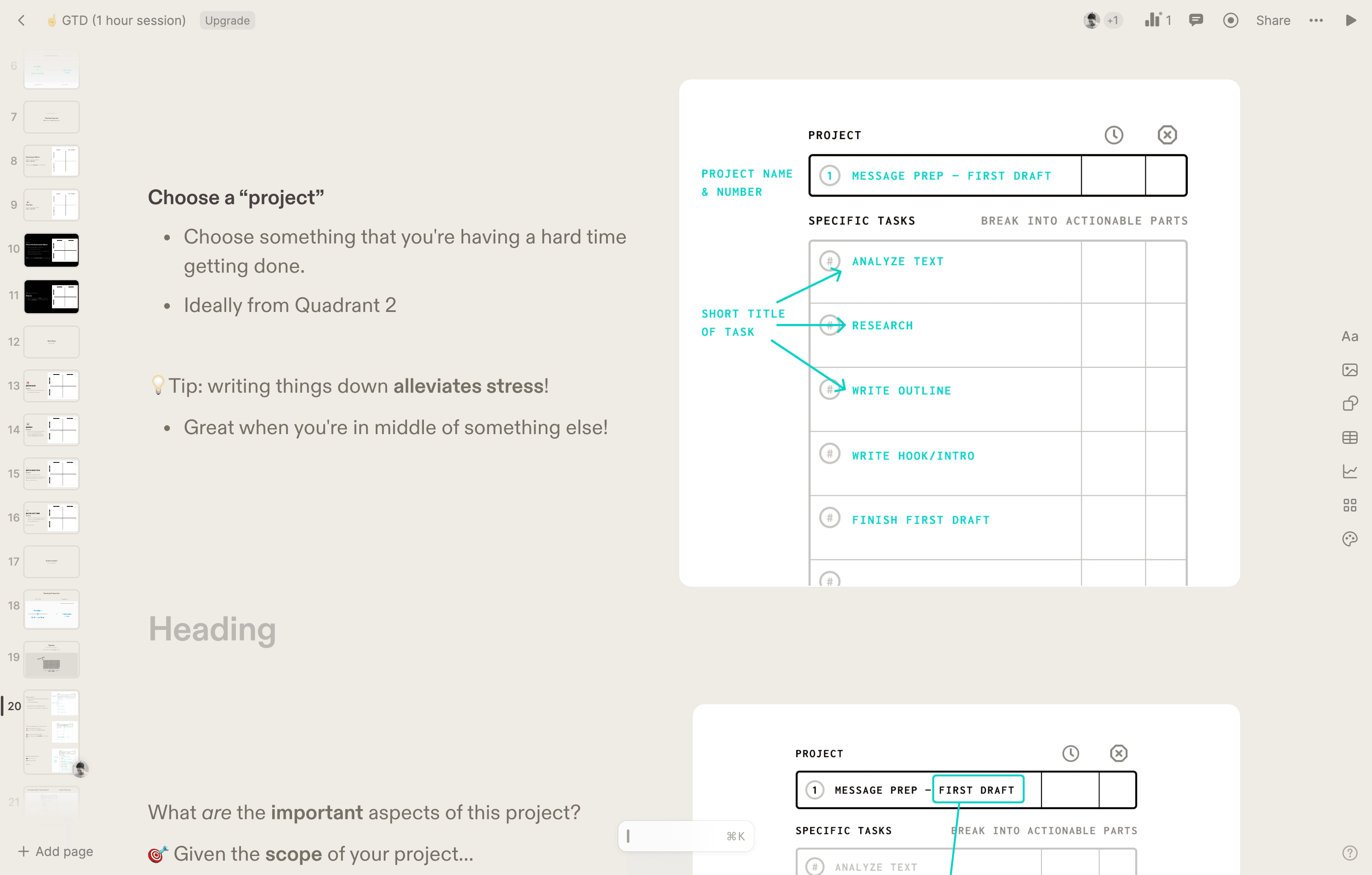 Step #21: Here we go. We need to find a project from your Eisenhower matrix and write down tasks. For example, message prep first draft.