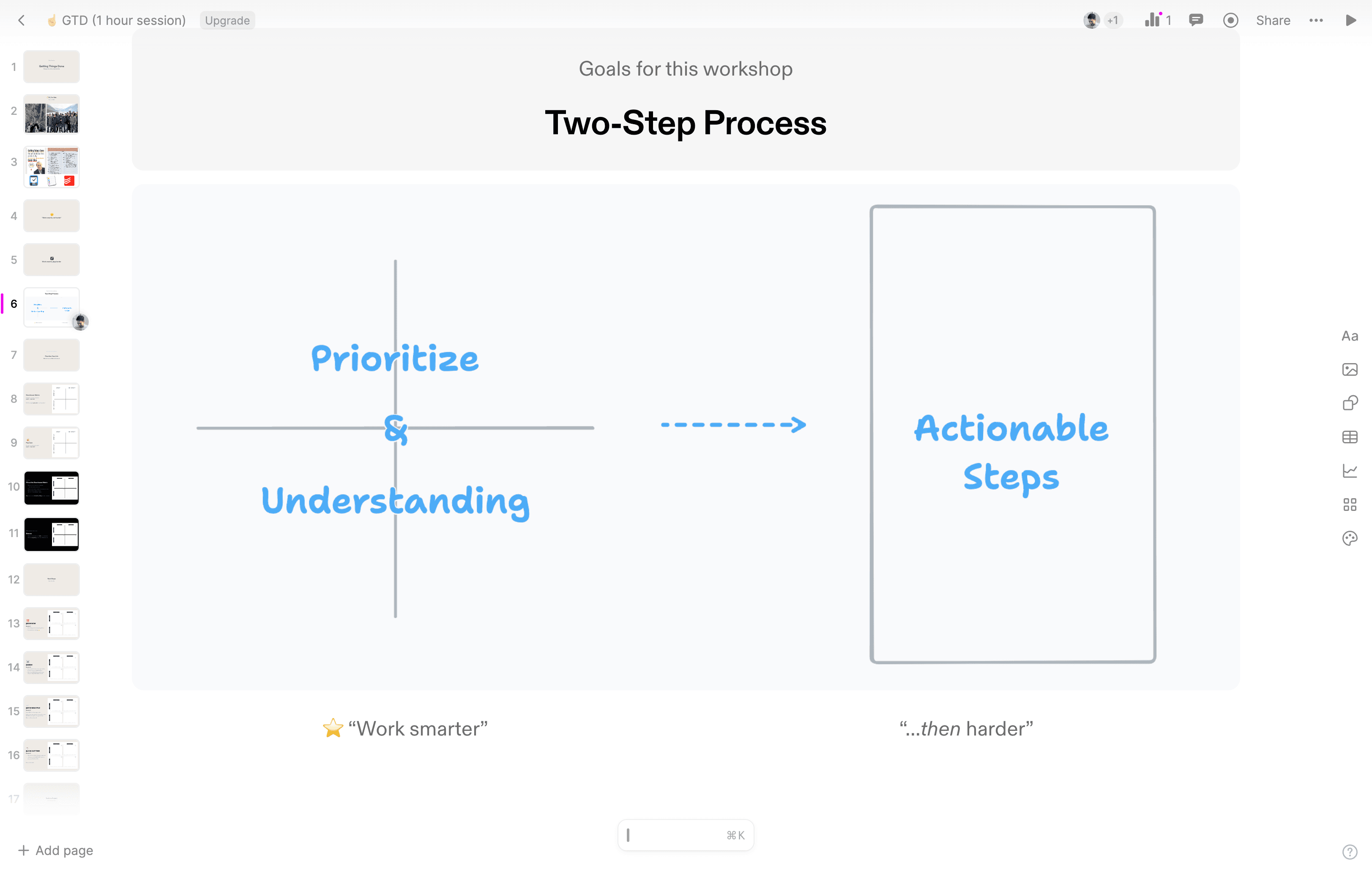 Step #6: And that's the mantra. It's a two-step process: work smarter by prioritizing and understanding what's going on in your life and various projects.
