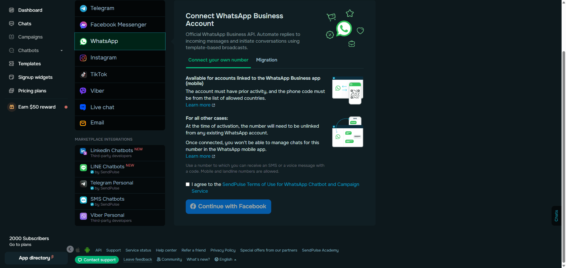 Step #4: סמנו את תיבת הסימון I agree to the SendPulse Terms of Use for WhatsApp Chatbot and Campaign Service.