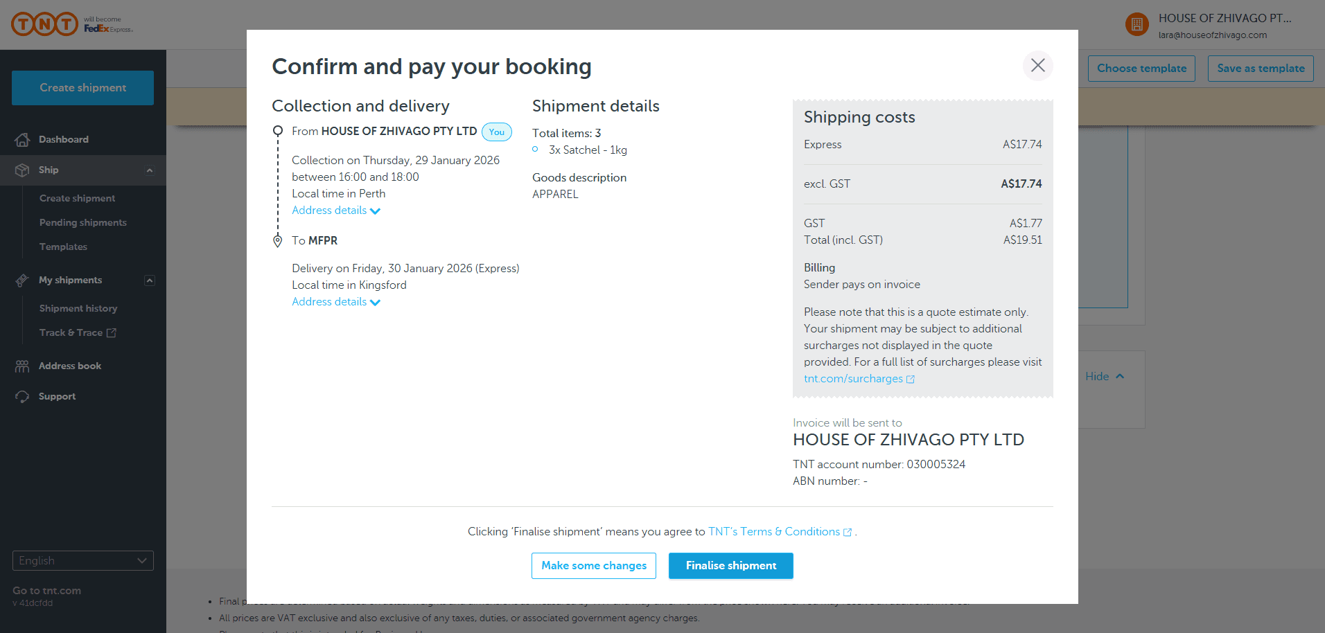 Step #36: Click on "Finalise shipment"