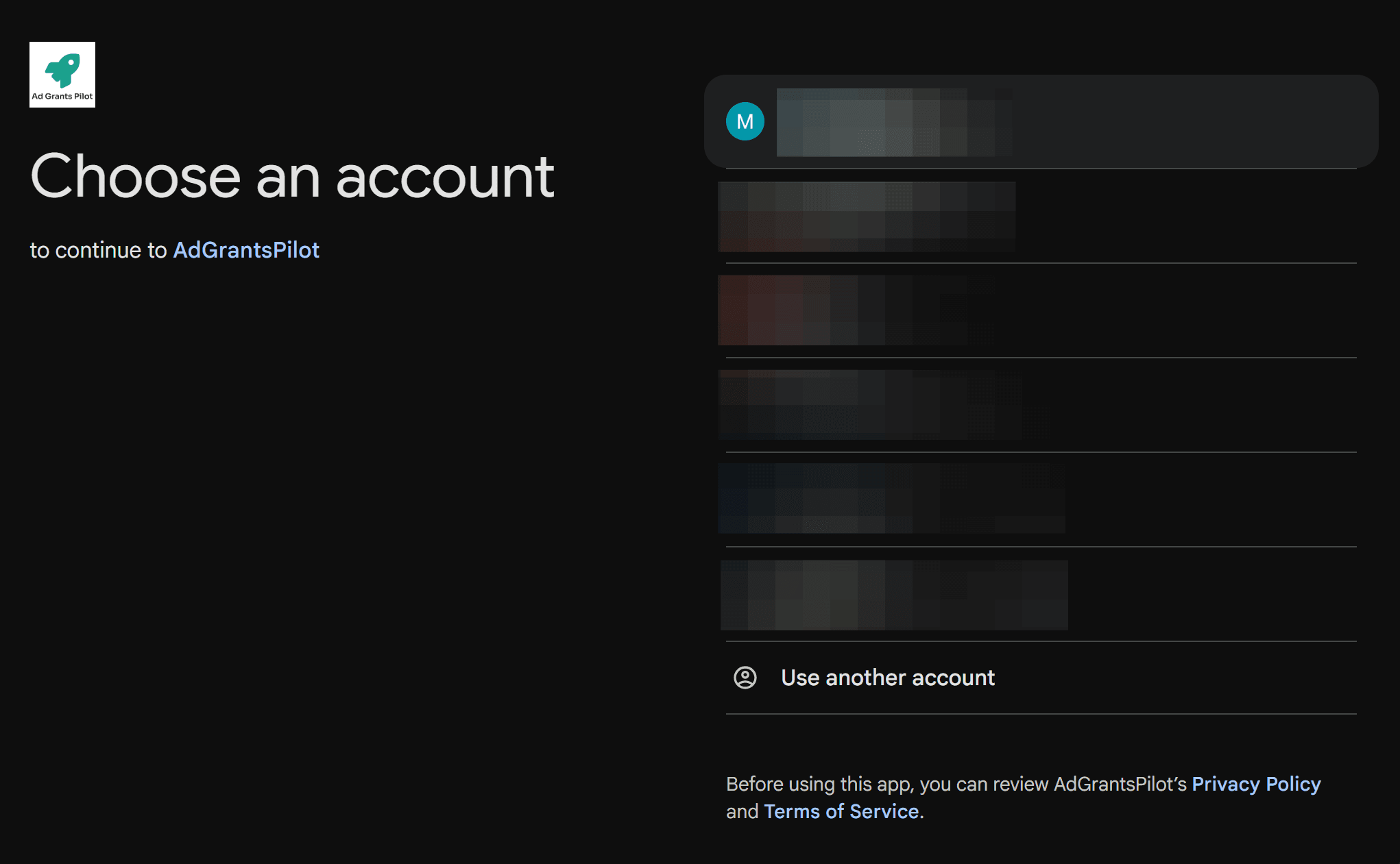 Step #3: Select the Google account which has access to your Ad Grant account