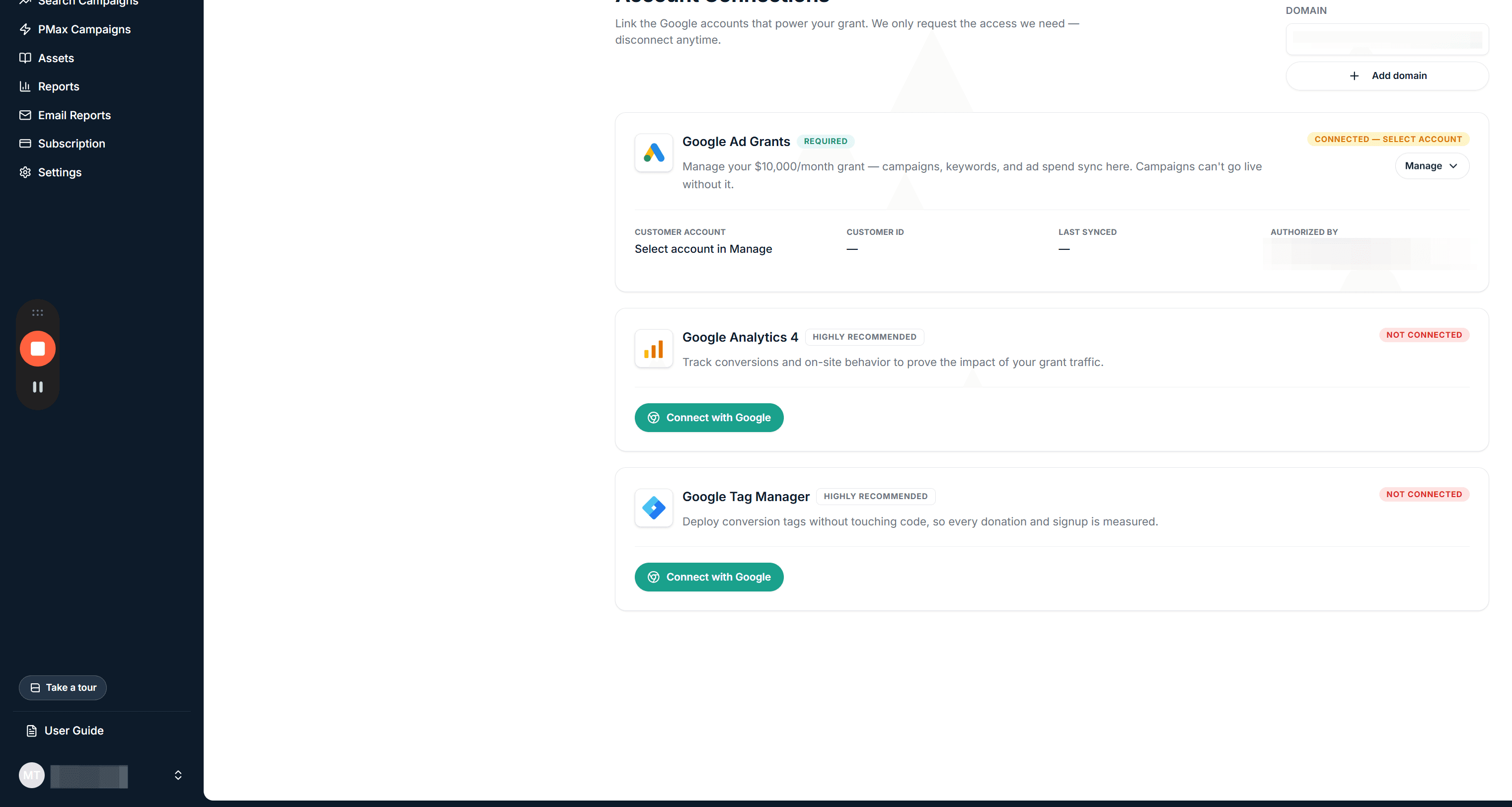 Step #5: Click Manage on the Google Ad Grants card to load your customer accounts.