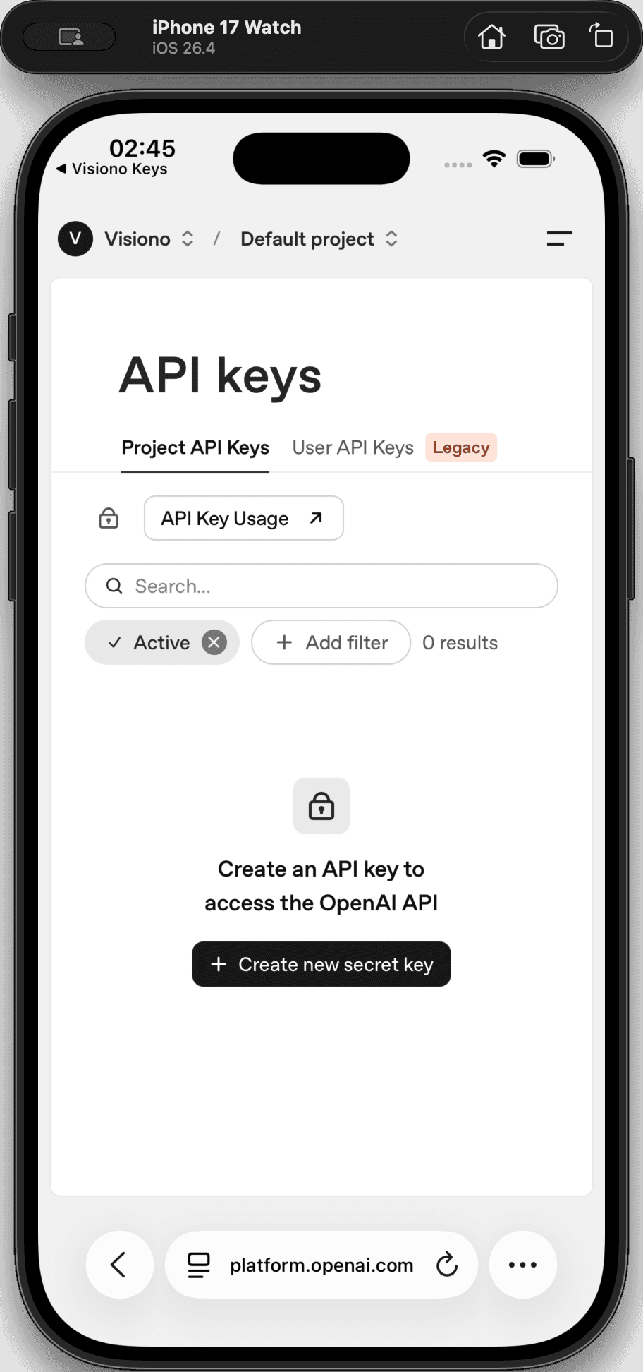 Step #3: Tap + Create new secret key on the API keys dashboard.