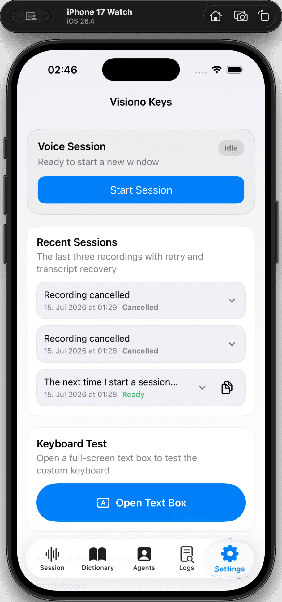 Step #7: Switch back to the Visiono Keys app and tap the Settings tab.