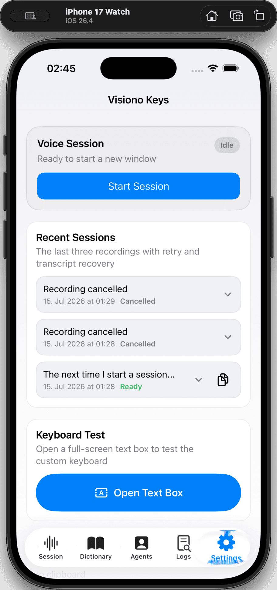 Step #1: Tap the Settings icon in the bottom navigation bar of the Visiono Keys app.