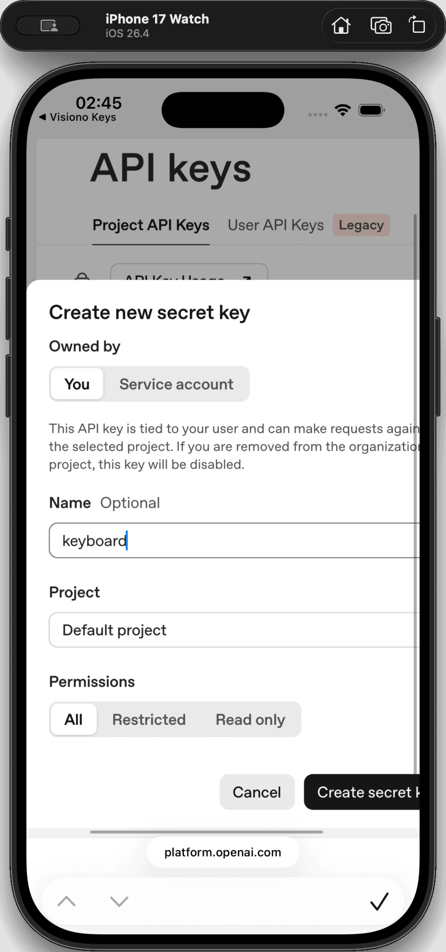 Step #4: Enter a recognizable name for your key, such as "keyboard", in the text field.