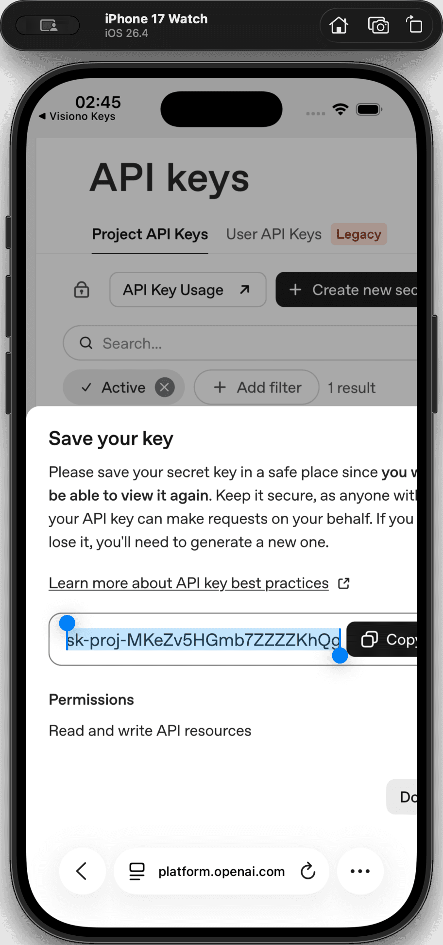 Step #6: Tap the Copy button next to your newly generated API key.