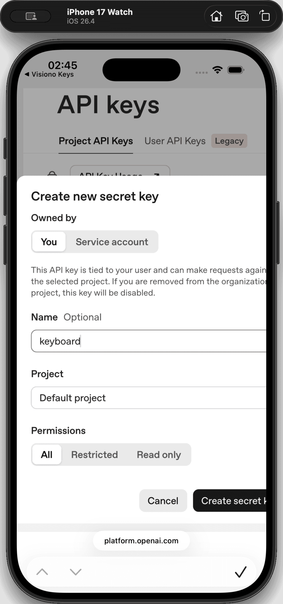 Step #5: Tap Create secret key.