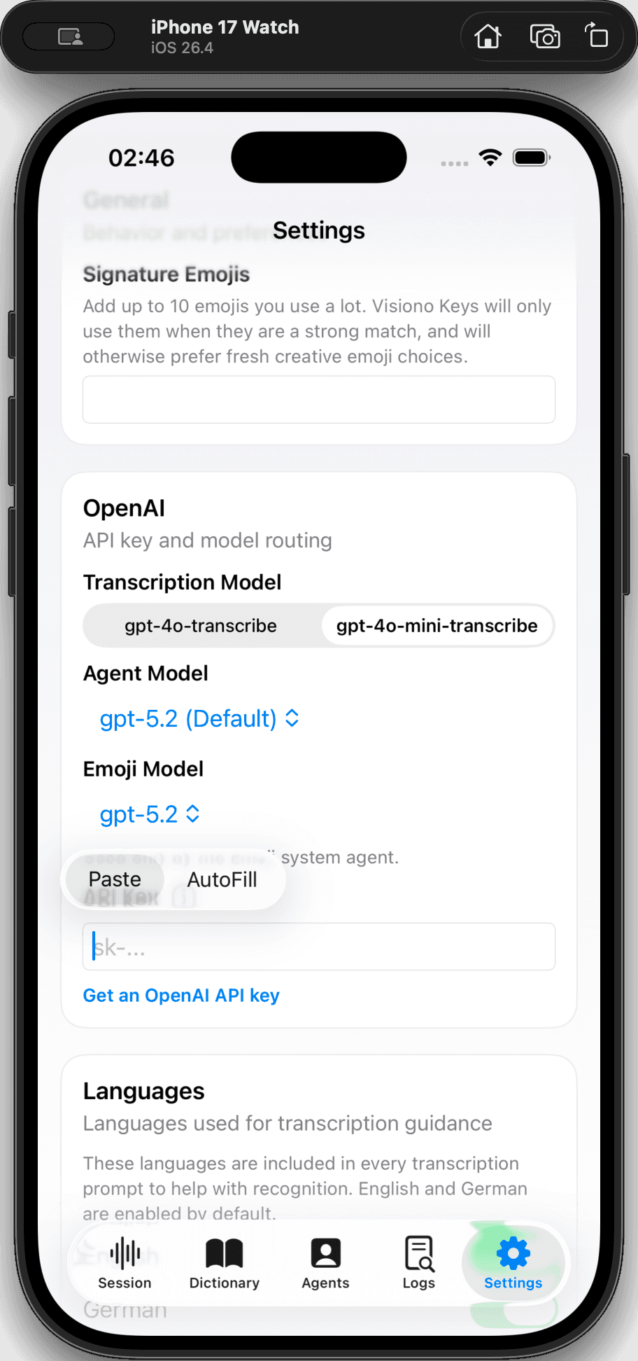 Step #9: Tap Paste from the context menu to insert your API key.