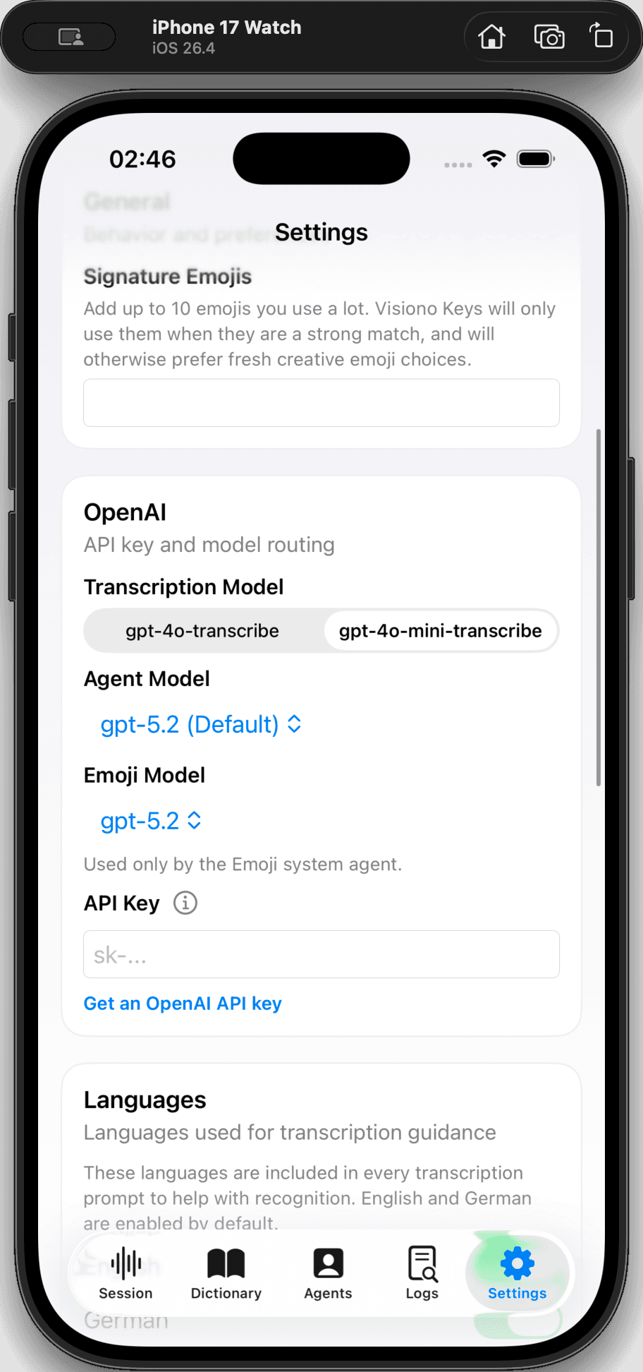 Step #8: Tap the API key input field in the OpenAI configuration section.