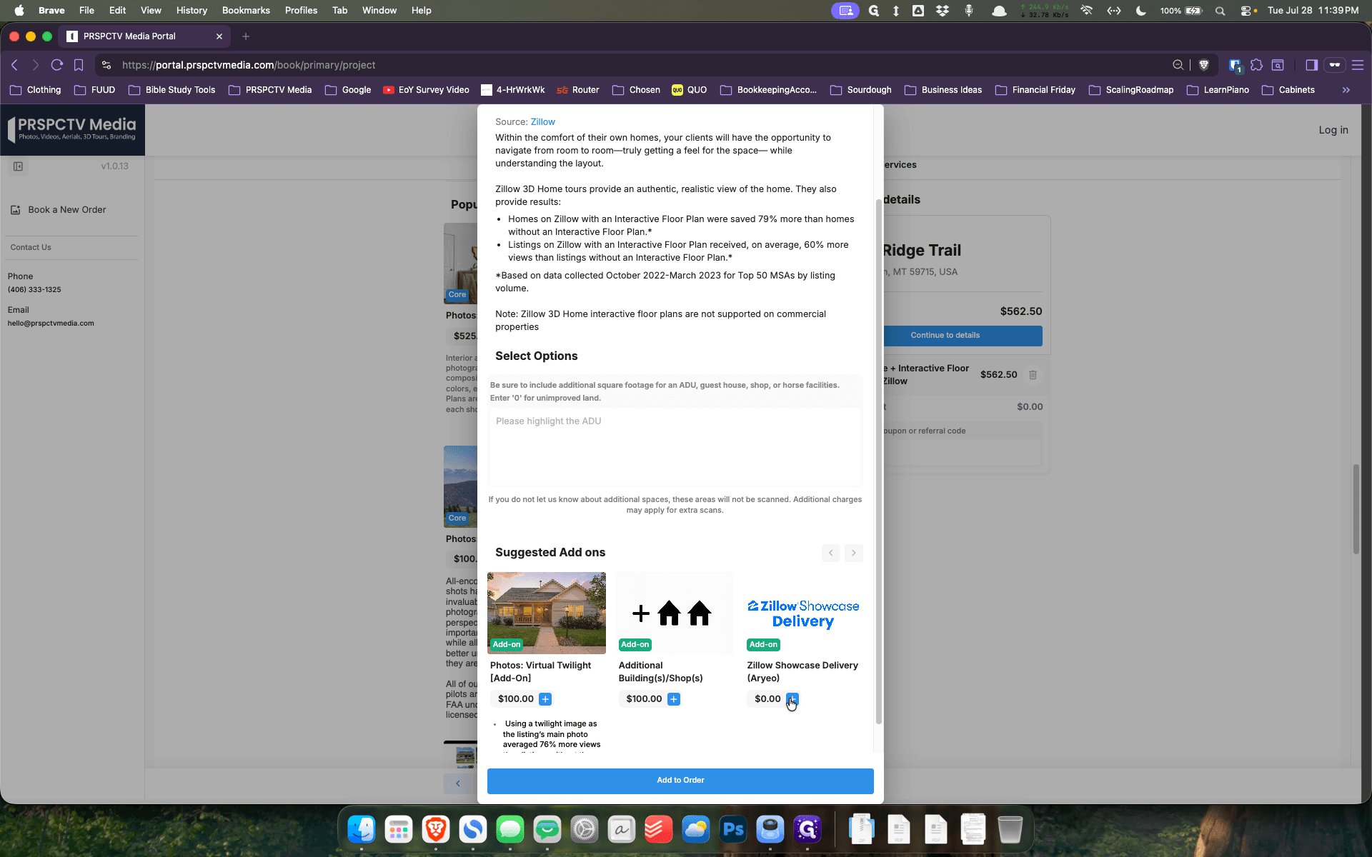 Step #7: In the modal that appears, click the plus icon next to Zillow Showcase Delivery (Aryeo).
