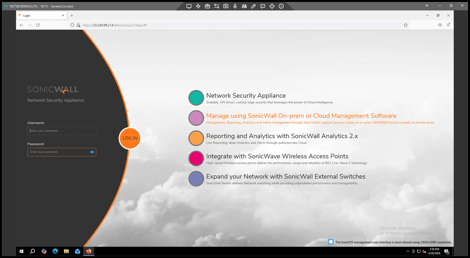 Step #1: Enter your username and log in to the SonicOS web management interface