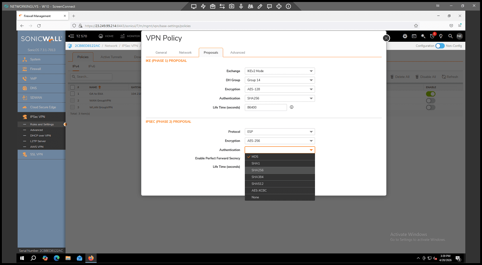 Step #41: Select SHA256 for Authentication