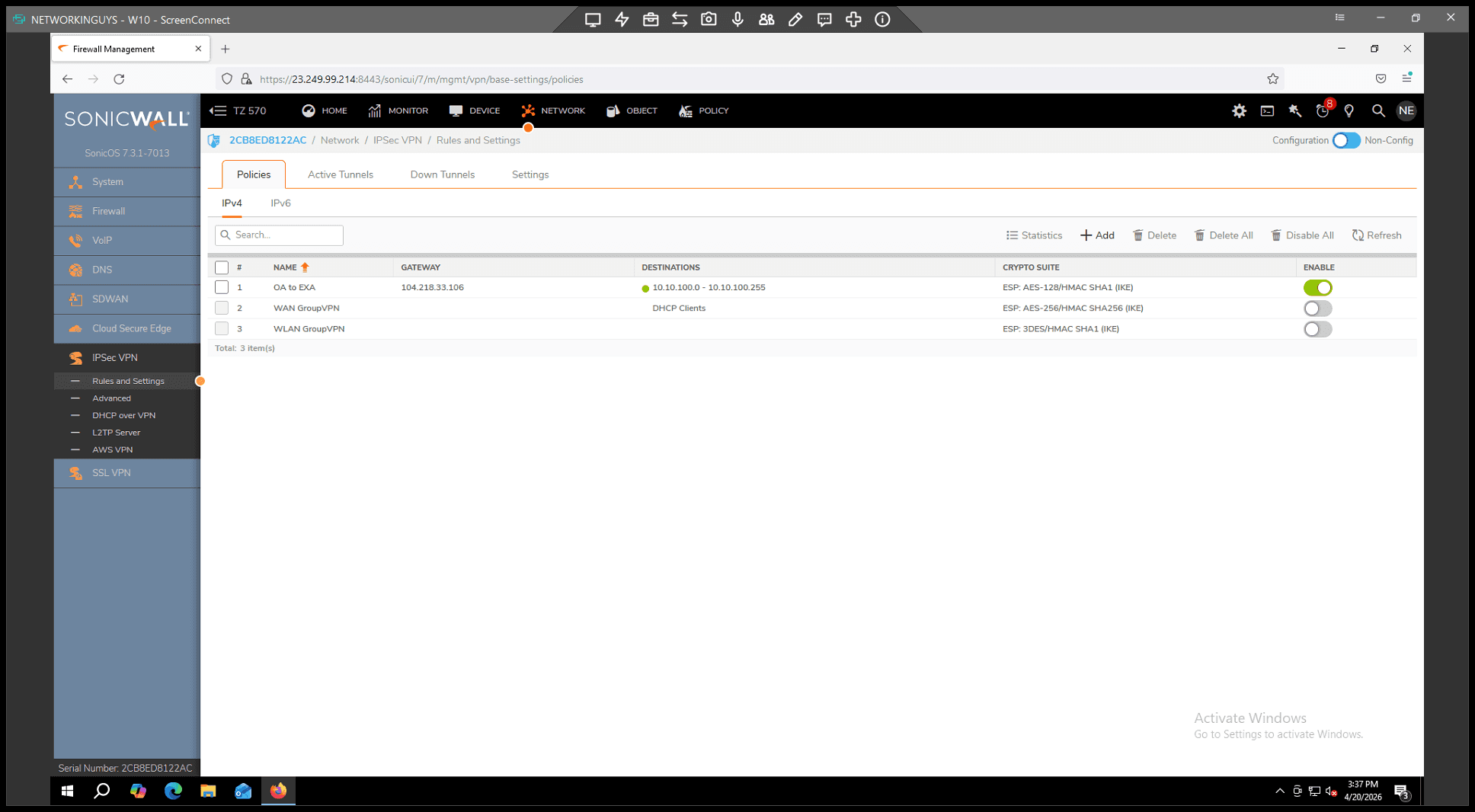 Step #15: Click + Add to establish a new VPN policy