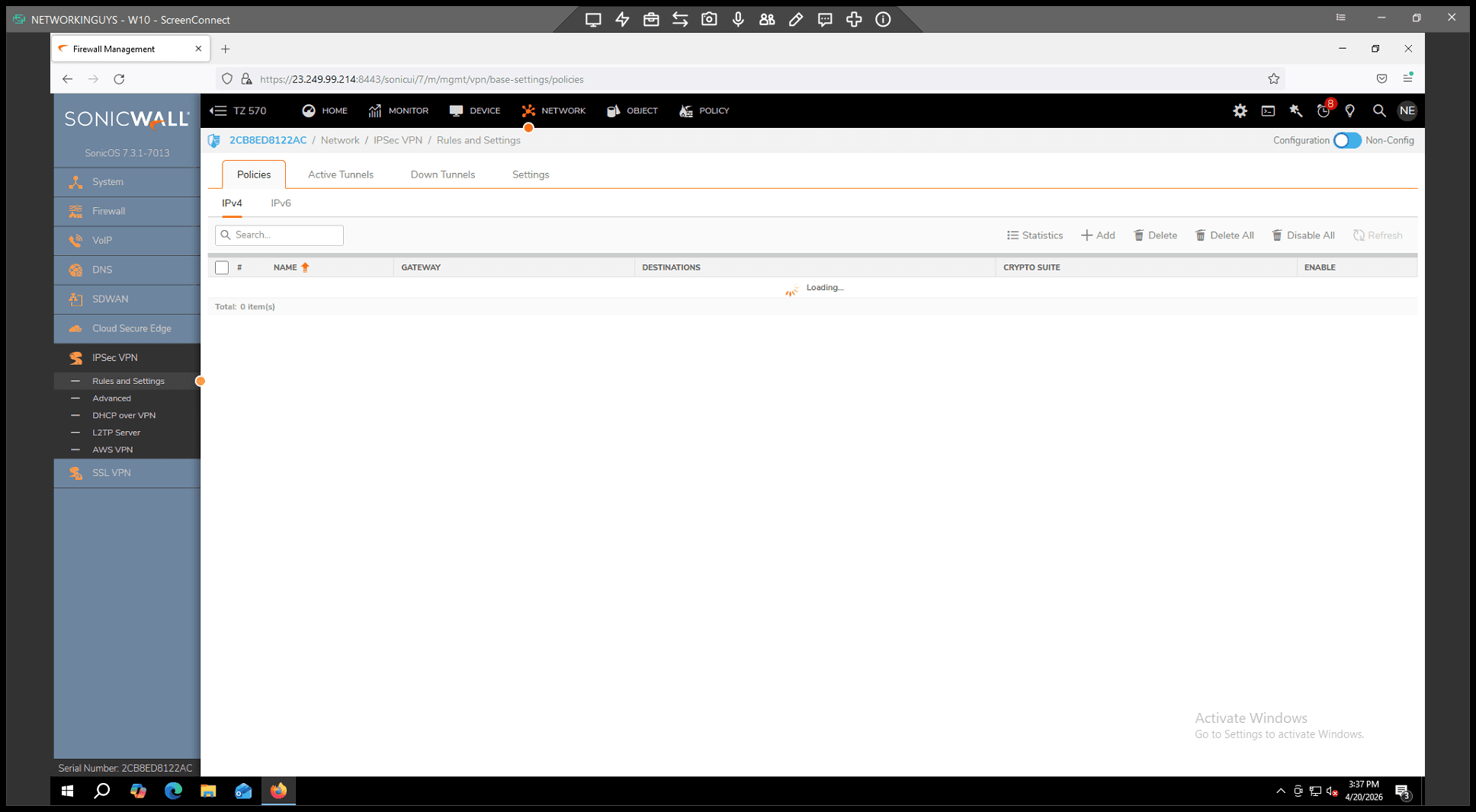 Step #14: Navigate to IPsec VPN > Rules and Settings