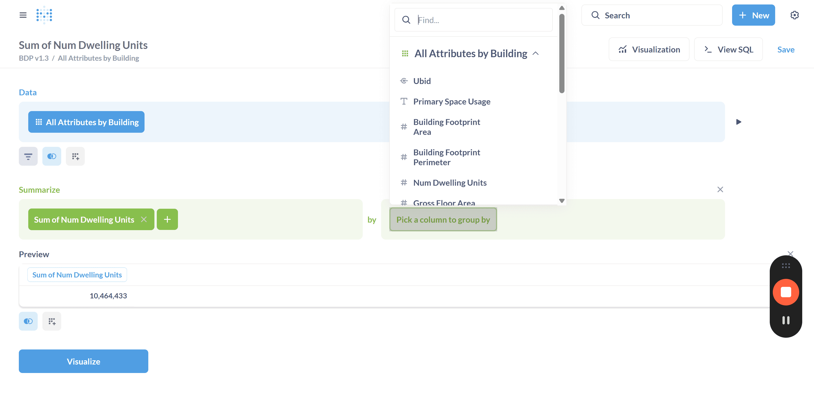 Step #14: Click "Pick a column to group by" and select "County Name." Now the dwelling units will be grouped by county.