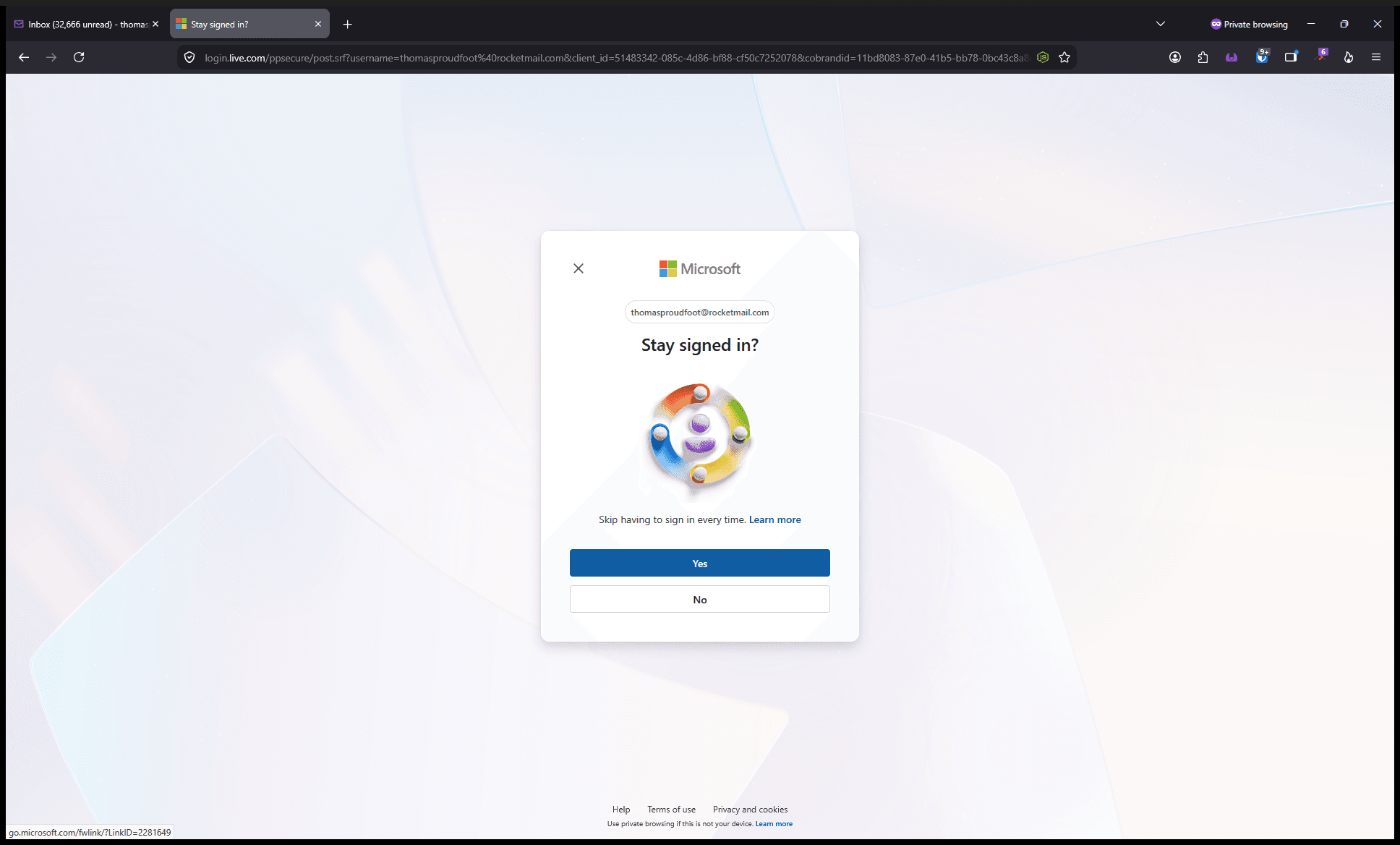 Step #5: Click Yes if you want to stay signed in for future access, or select No to be signed out automatically when you close the browser.