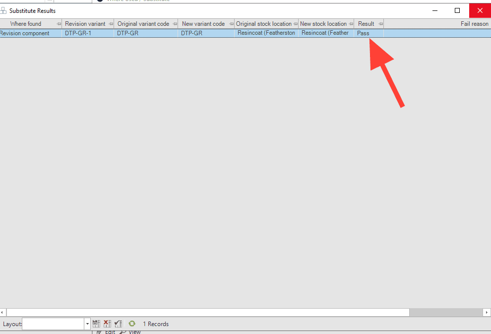 Step #13: Review the Substitute Results window that appears to confirm the substitution shows a "Pass" status.