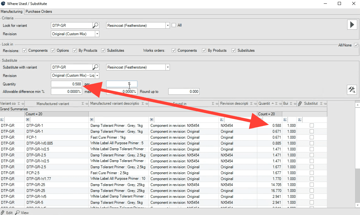 Step #9: In the Substitute criteria section, type the exact quantity used for the target line item (e.g., 0.588).