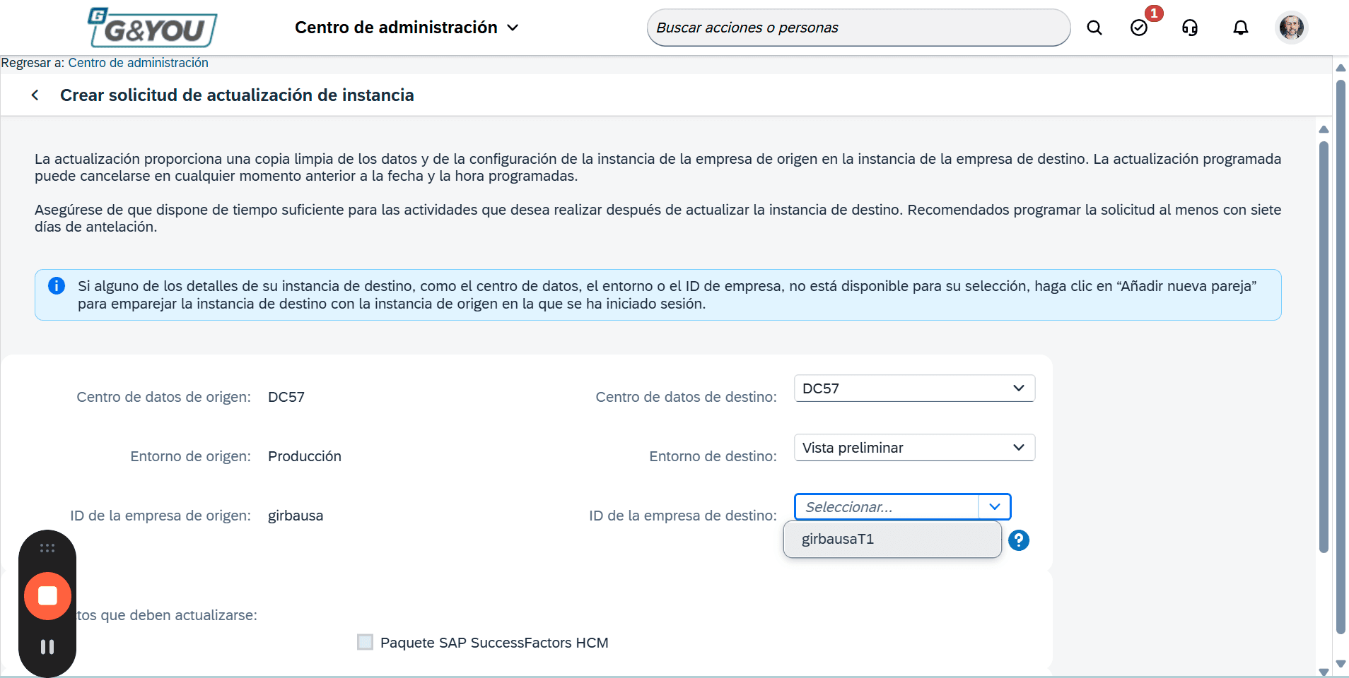 Step #6: Per configurar productiu a l'entorn de TEST, sel·leccionar els valors 'DC57', 'Vista preliminar' i 'girbausaT1'.