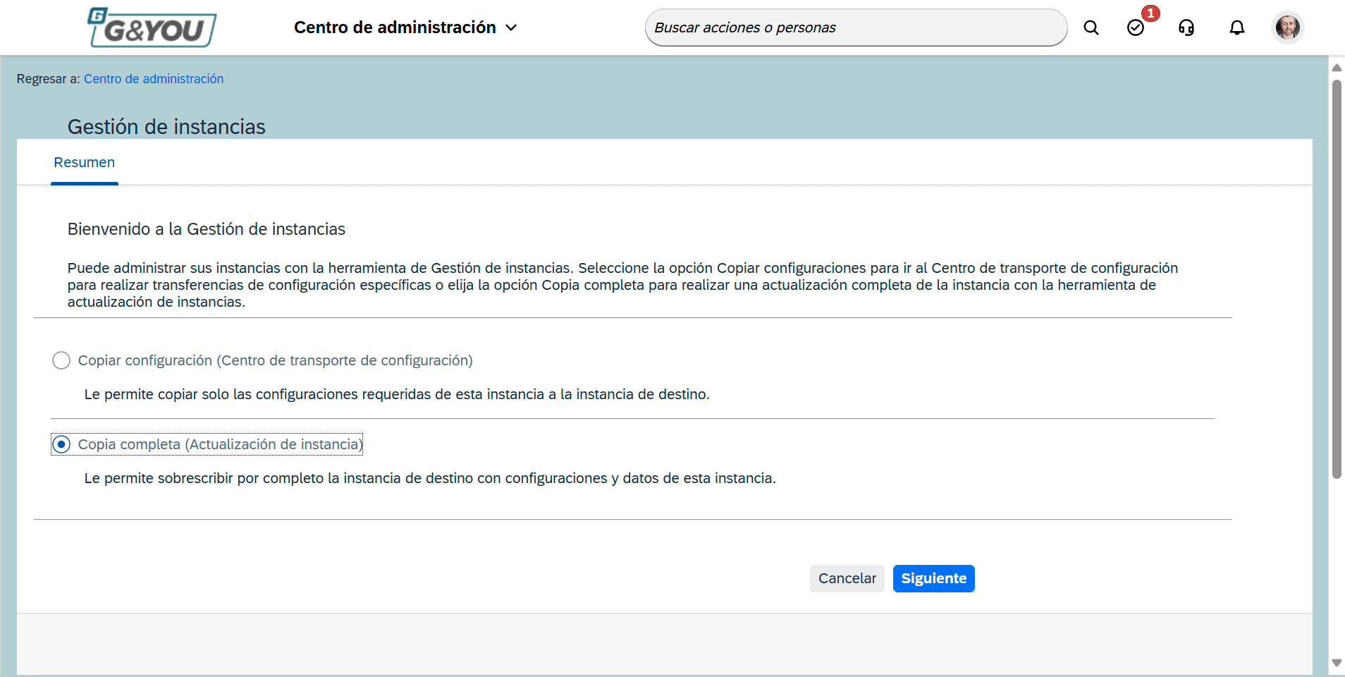 Step #2: Sel·leccionar la opció 'Copia completa (Actualización de instancia)'