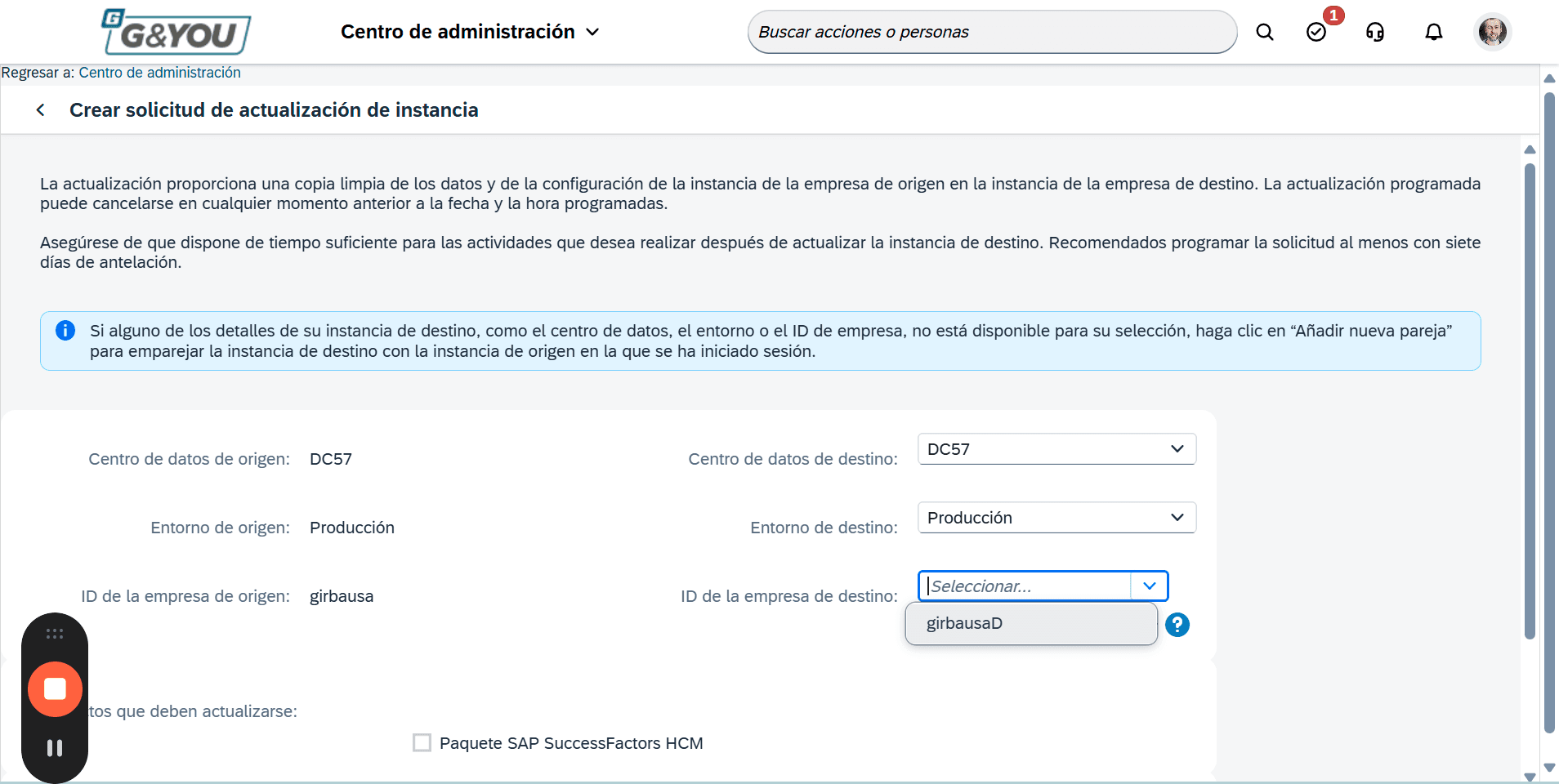 Step #7: 'Per configurar productiu a l'entorn de DES (el que està integrat amb GED500), sel·leccionar els valors 'DC57', 'Producción' i 'girbausaD'.