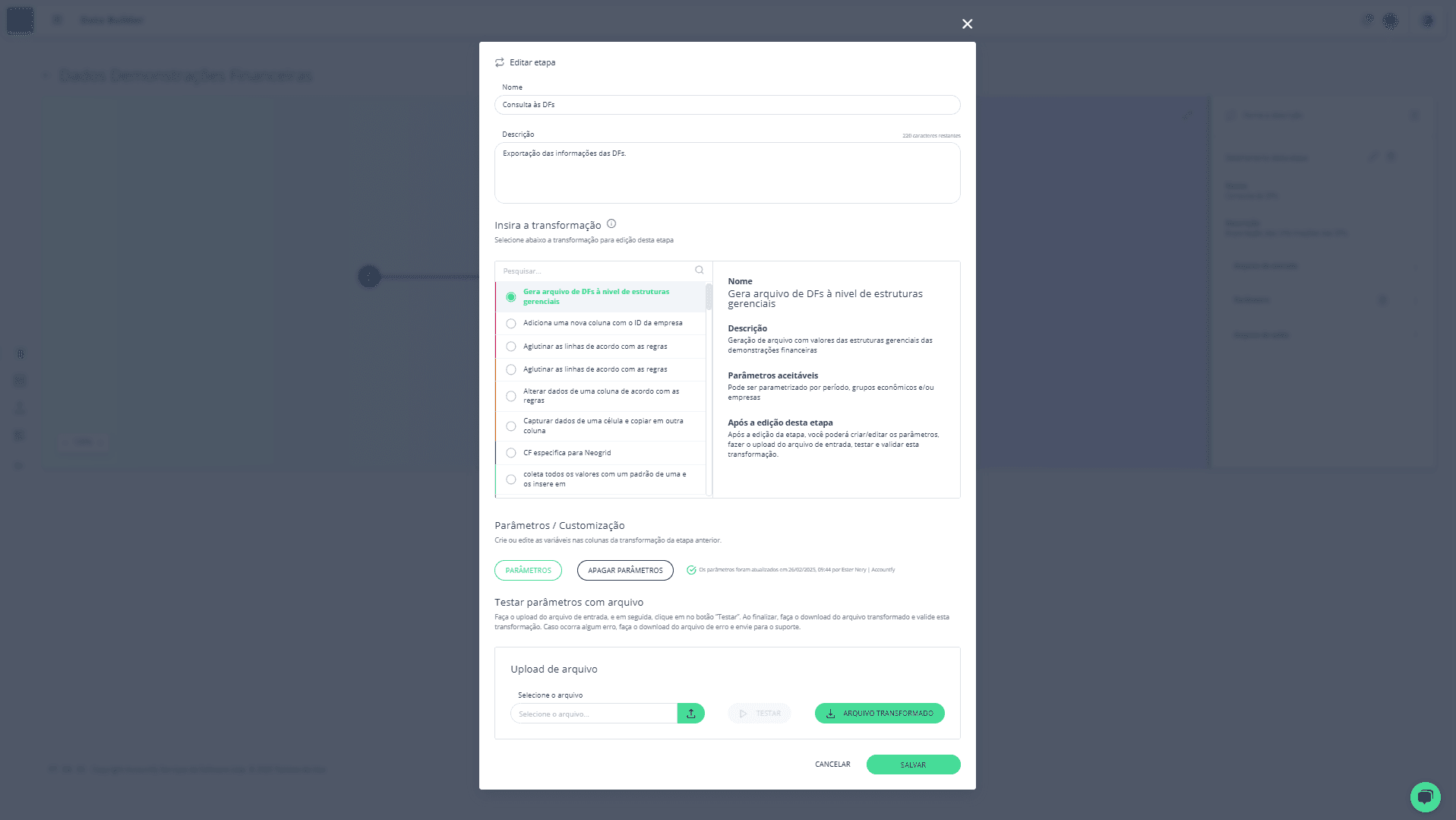Step #26: Ao criar a primeira etapa deste Workflow clique em Parâmetros: