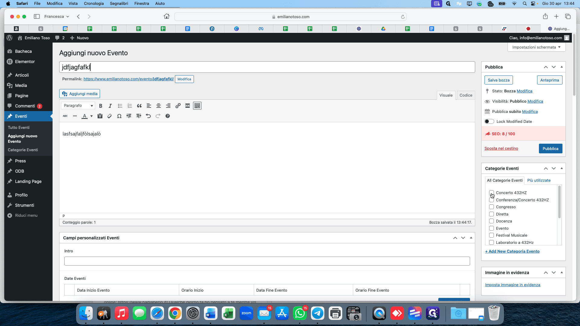 Step #5: In the right-hand panel under Categorie Eventi, check the box for the appropriate category (e.g., Concerto 432HZ).