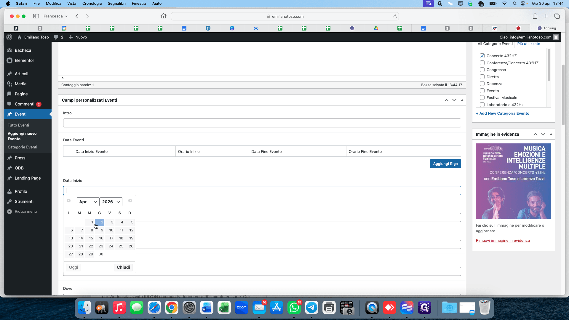 Step #9: Scroll to the Data Inizio (Start Date) field and select the event date from the calendar picker.