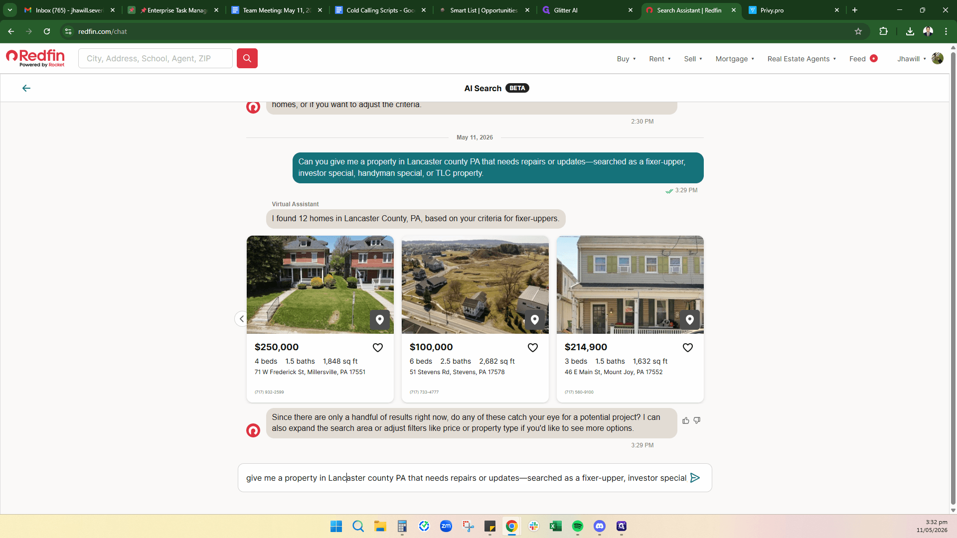Step #9: To search another area, return to the AI chat, double-click your previous prompt to edit it, and replace the county name (e.g., change "Lancaster" to "Chester, PA" or "El Paso, CO"). Press Enter to view the new results.
