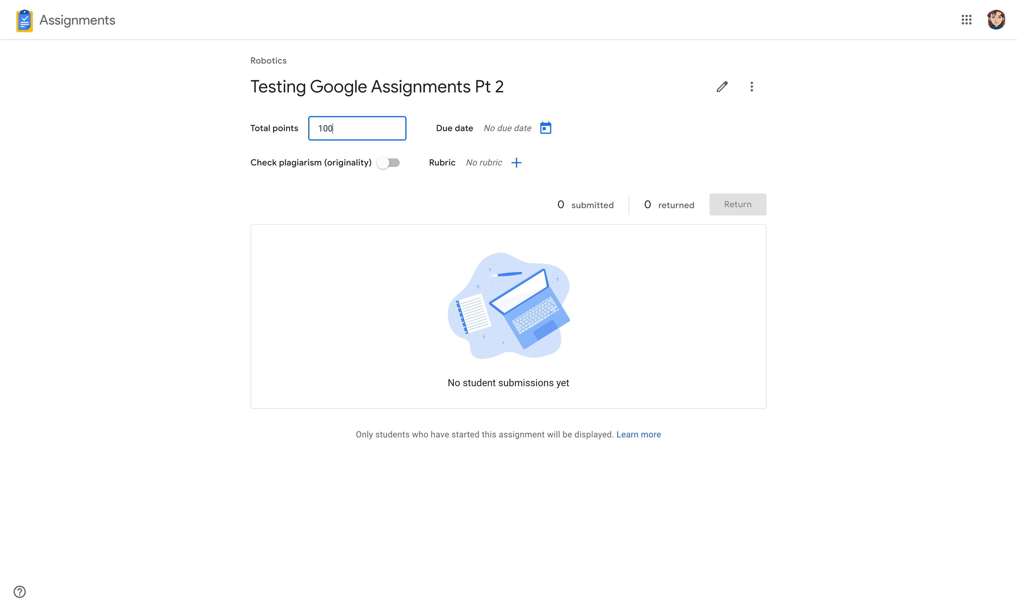 Step #7: Unfortunately, we must edit the point value to match what we stored in Blackbaud. It will also show as 'no due date' in the Google Assignments portion so you may choose to modify this to avoid confusion. But students will see the correct due dates in Blackbaud regardless. You may also optionally link a rubric and enable plagiarism.
