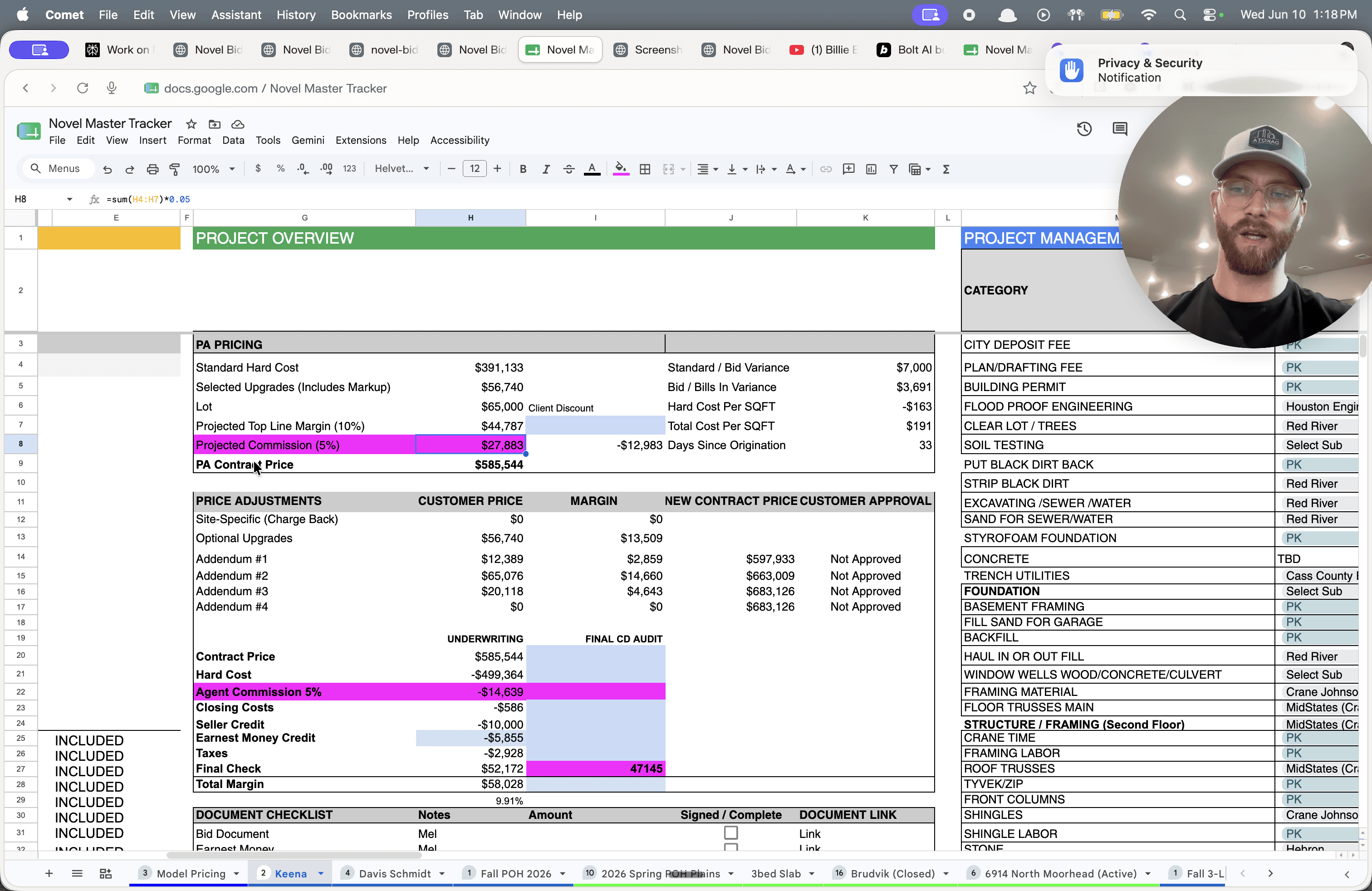 Step #14: Review the final PA Contract Price, which aggregates the base price, lot cost, upgrades, internal margin, and commissions to finalize the bid.