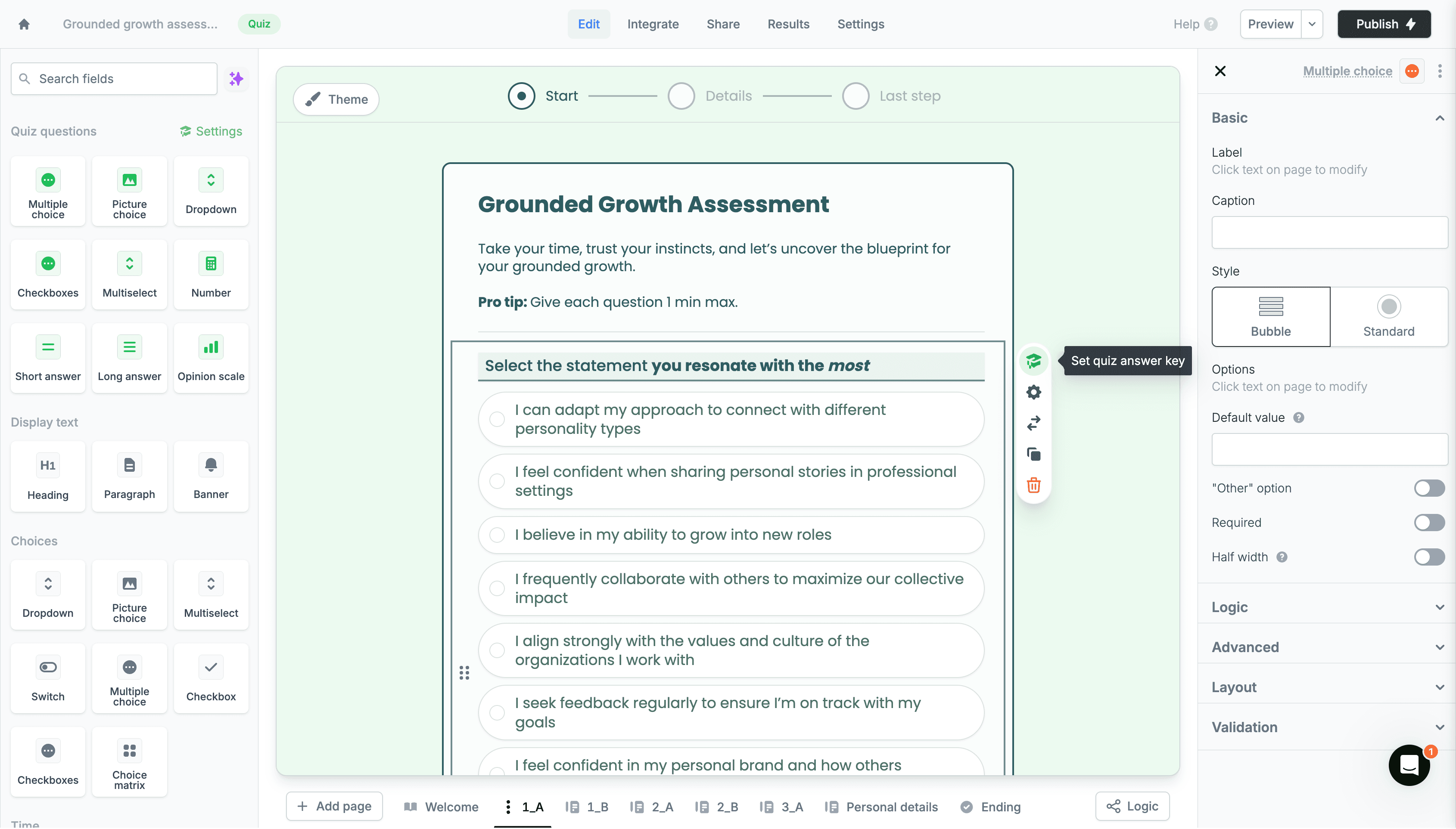 Step #12: A menu will appear where you click the first icon for setting the quiz answer key
