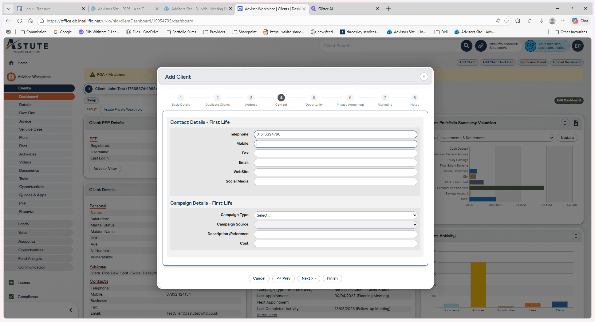 Step #9: Fill out the client's contact information, including their Telephone, Mobile, and Email addresses.