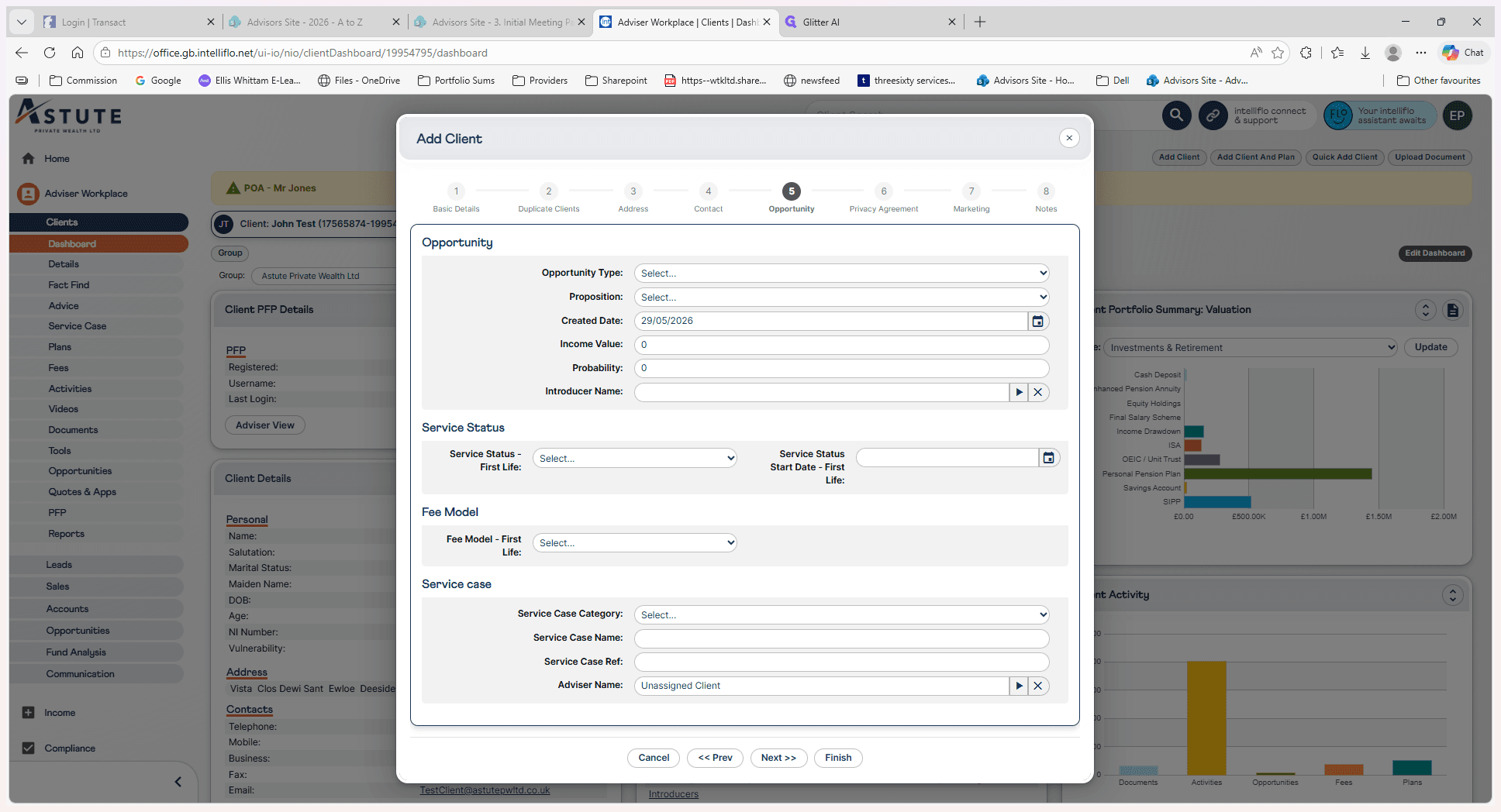 Step #11: Navigate to the Opportunity step to input details regarding the service status, fee model, and service case information.