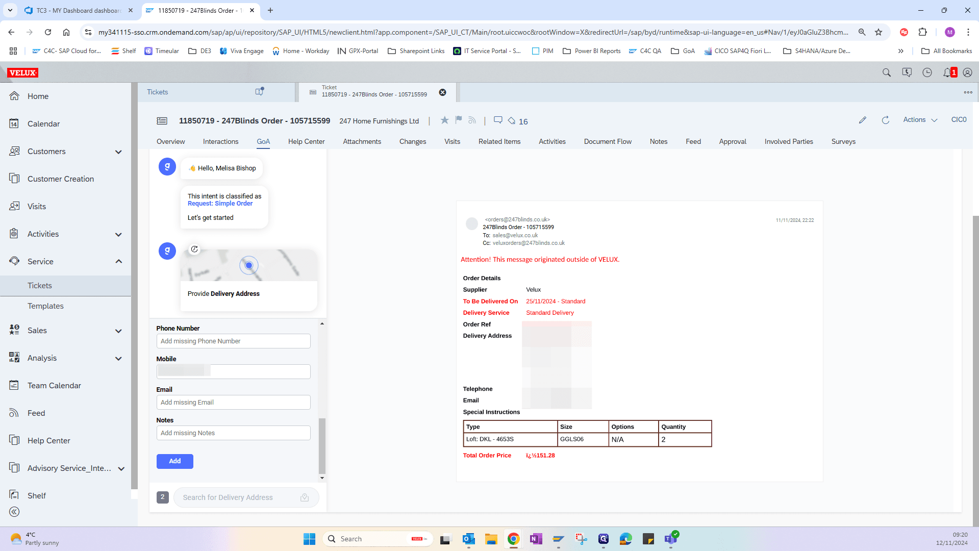 Step #7: Click on "Add missing Notes" and add the delivery contact Name and Phone number plus any shipping instructions to the Notes field. They will be transferred to the Shipping Text section in the order in SAP.