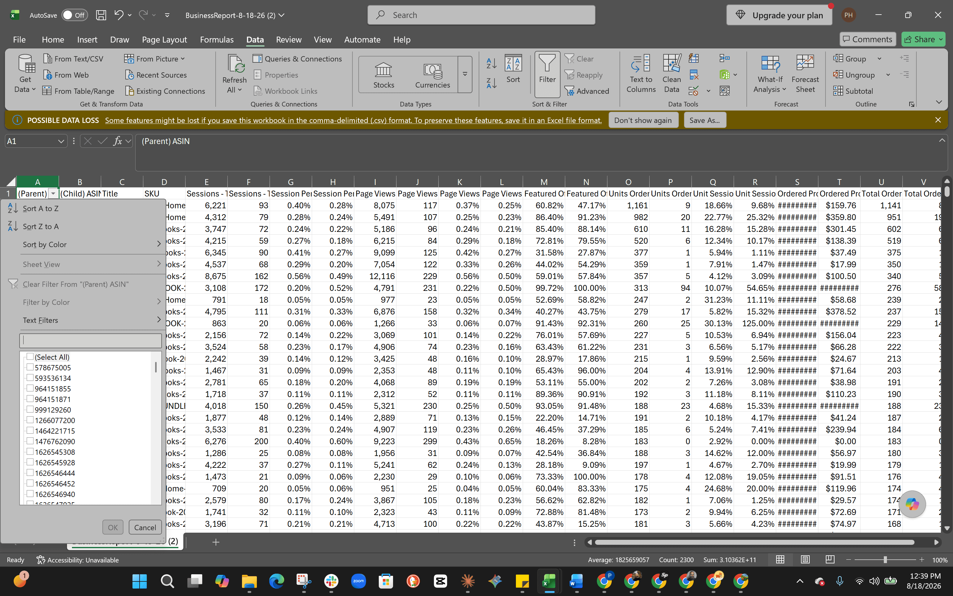 Step #6: Click the filter icon on the (Parent) ASIN column, uncheck Select All, and select only the specific parent ASINs you want to analyze.