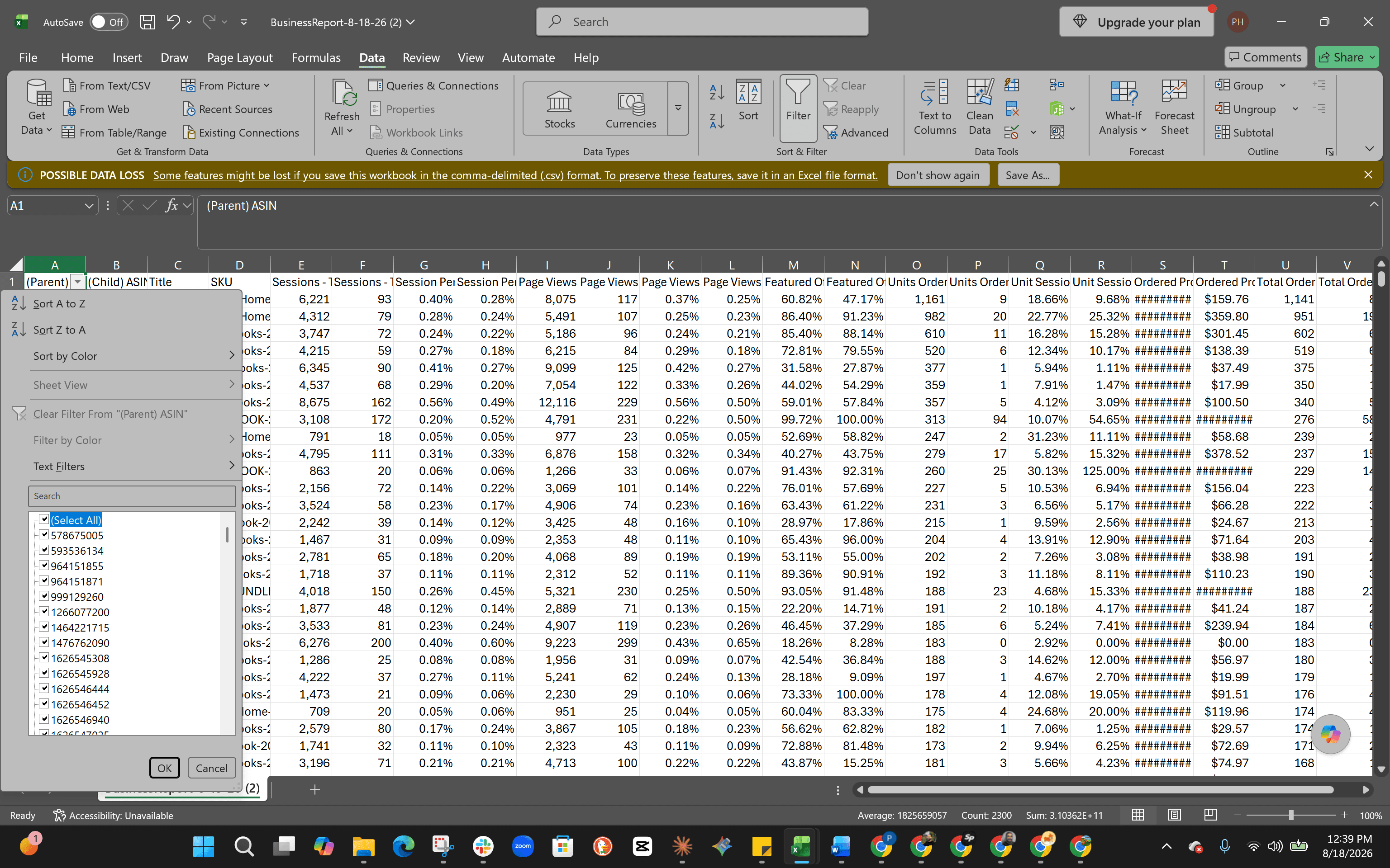 Step #5: Open the downloaded CSV in Excel, navigate to the Data tab, and click Filter to enable drop-down menus on your column headers.