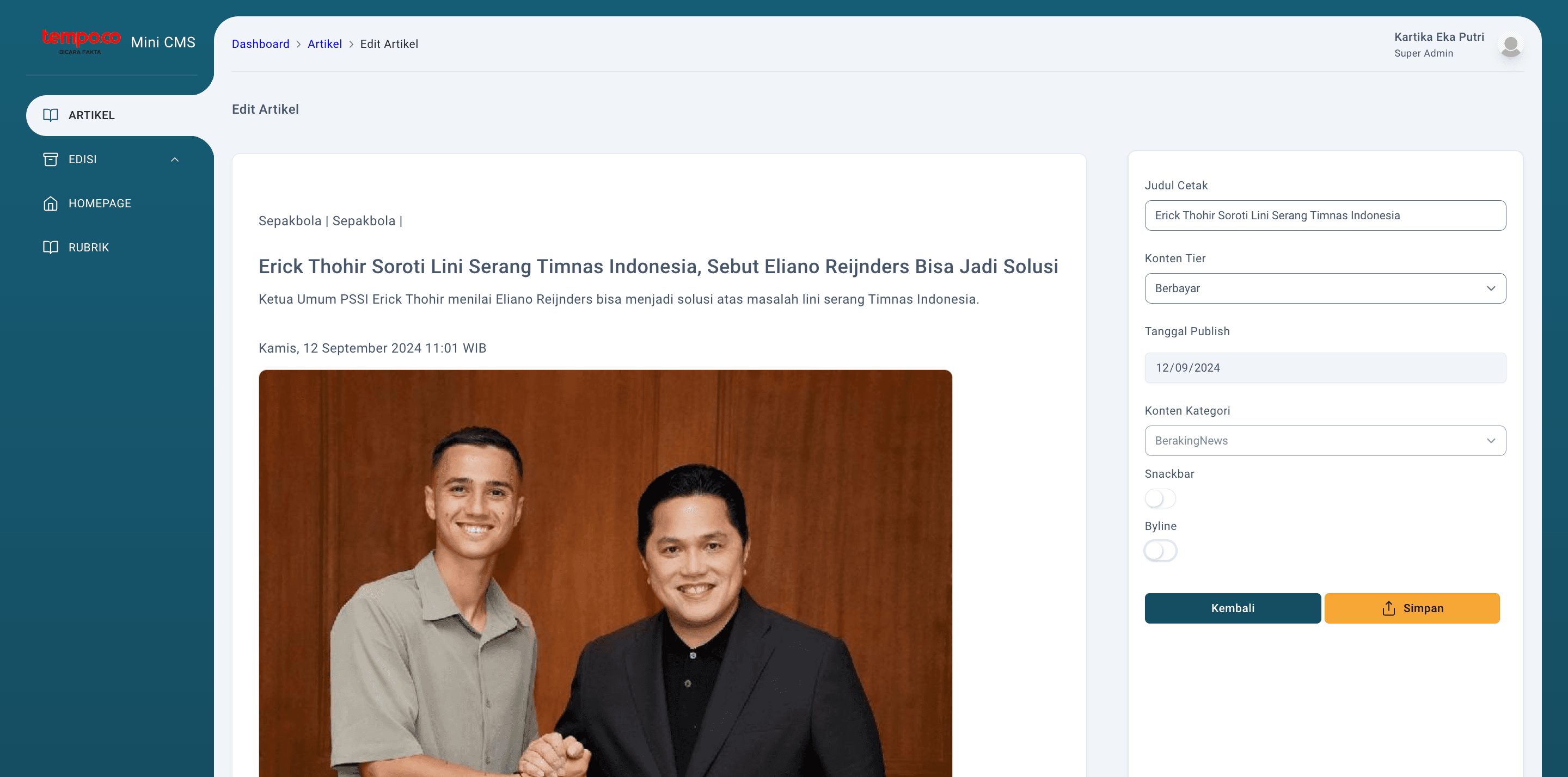 Step #9: Setelah selesai, selanjutnya Redaksi bisa menyimpan perubahan yang dilakukan pada suatu artikel dengan klik di sini