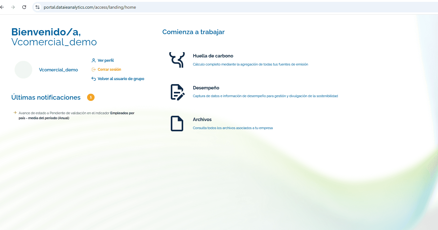 Step #3: Al ingresar, se visualizan los distintos apartados de trabajo: Huella de carbono, Desempeño y Archivos.