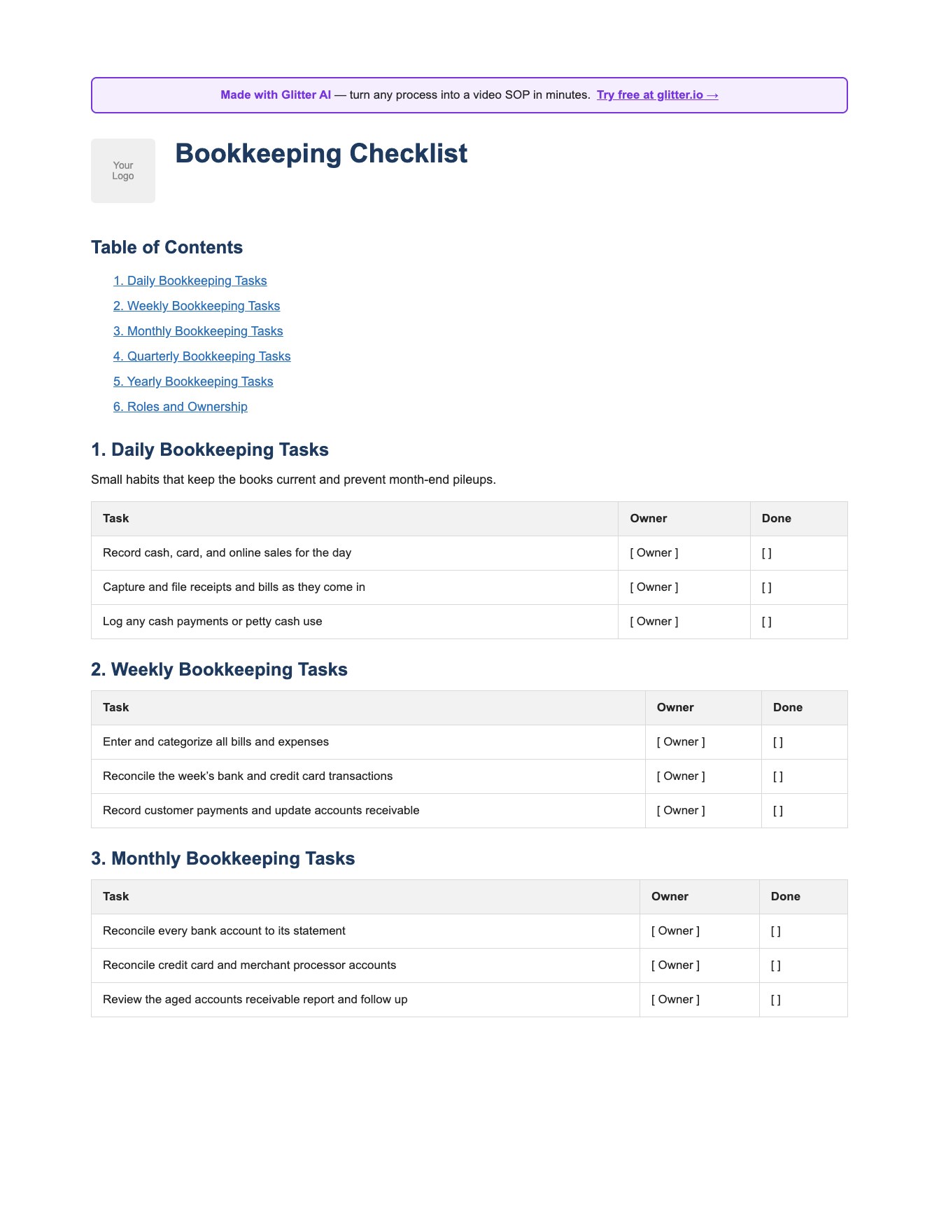 Bookkeeping checklist template preview
