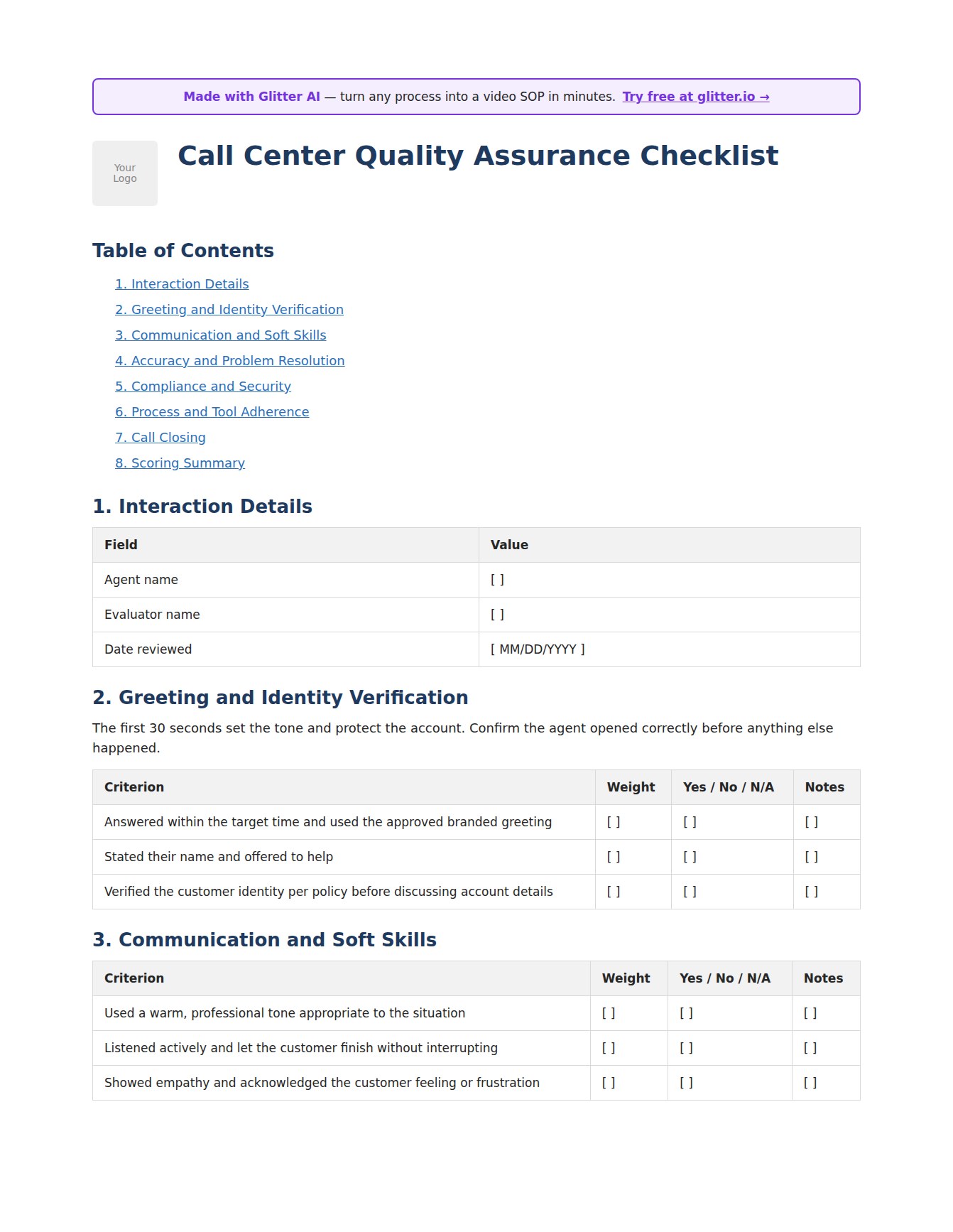 Call center quality assurance checklist template preview